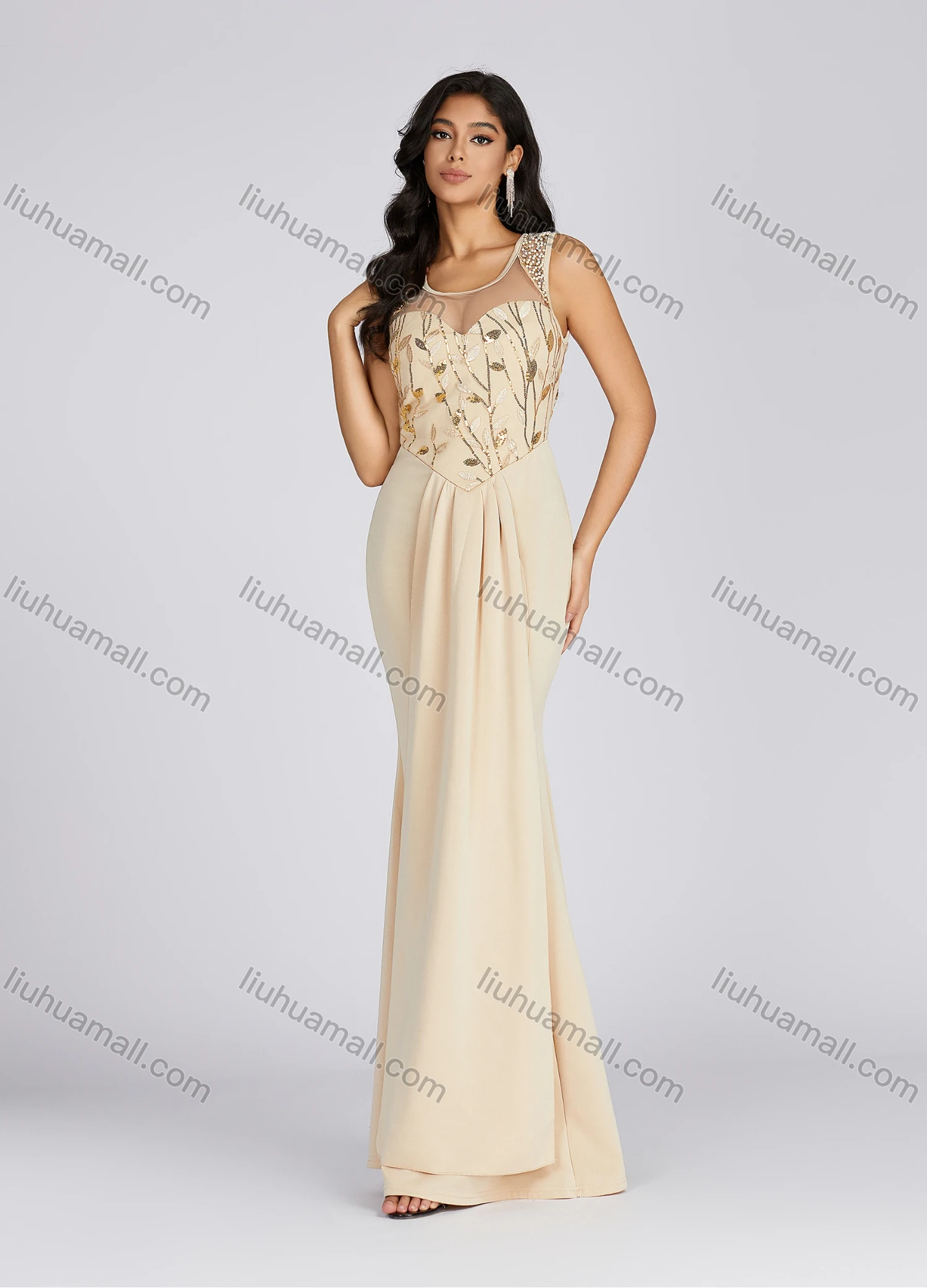 Wholesale Women's Elegant Scoop Neck Sequin Pearl Decor Tiered Evening Dress 5073# - Liuhuamall