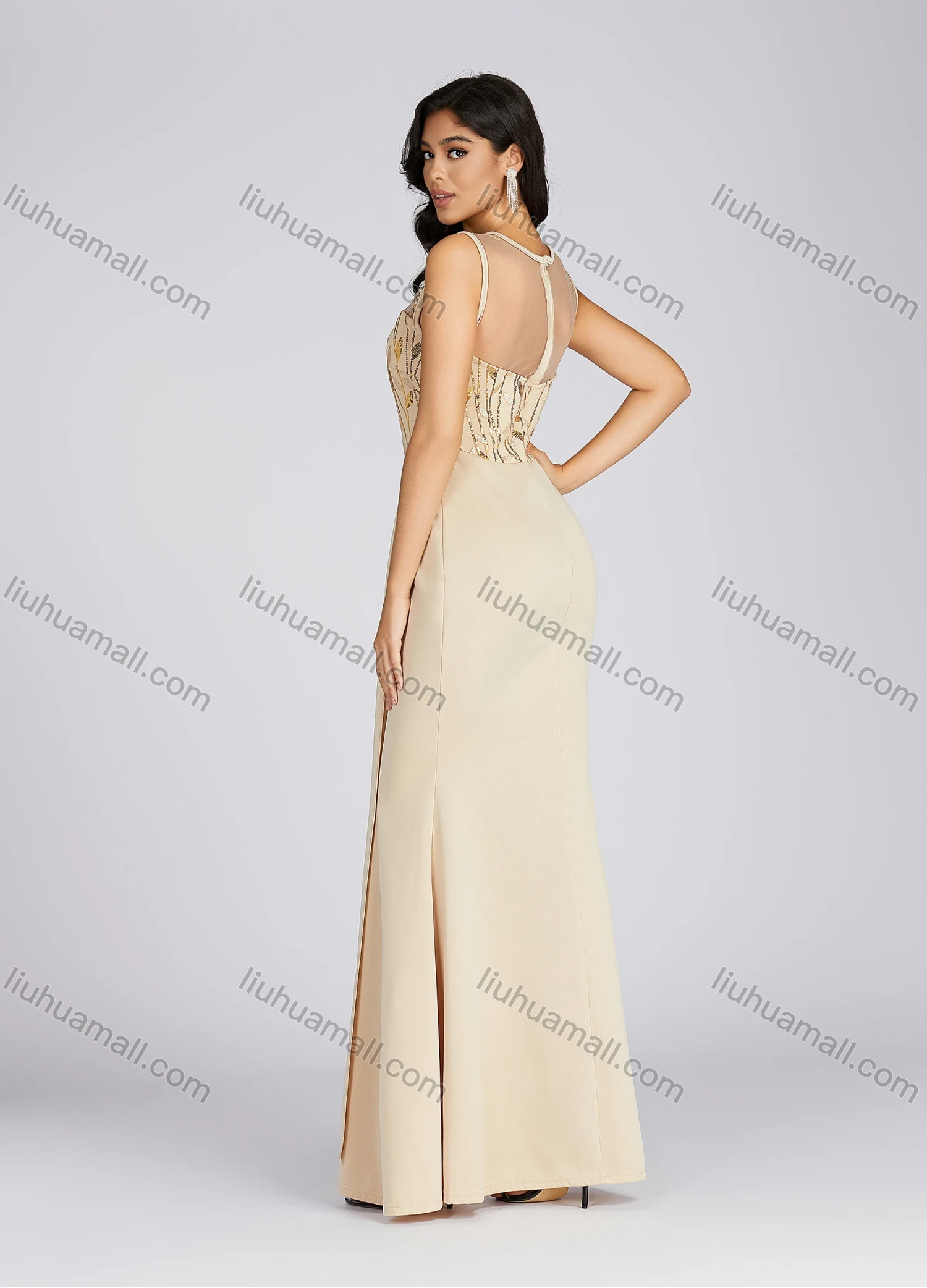 Wholesale Women's Elegant Scoop Neck Sequin Pearl Decor Tiered Evening Dress 5073# - Liuhuamall