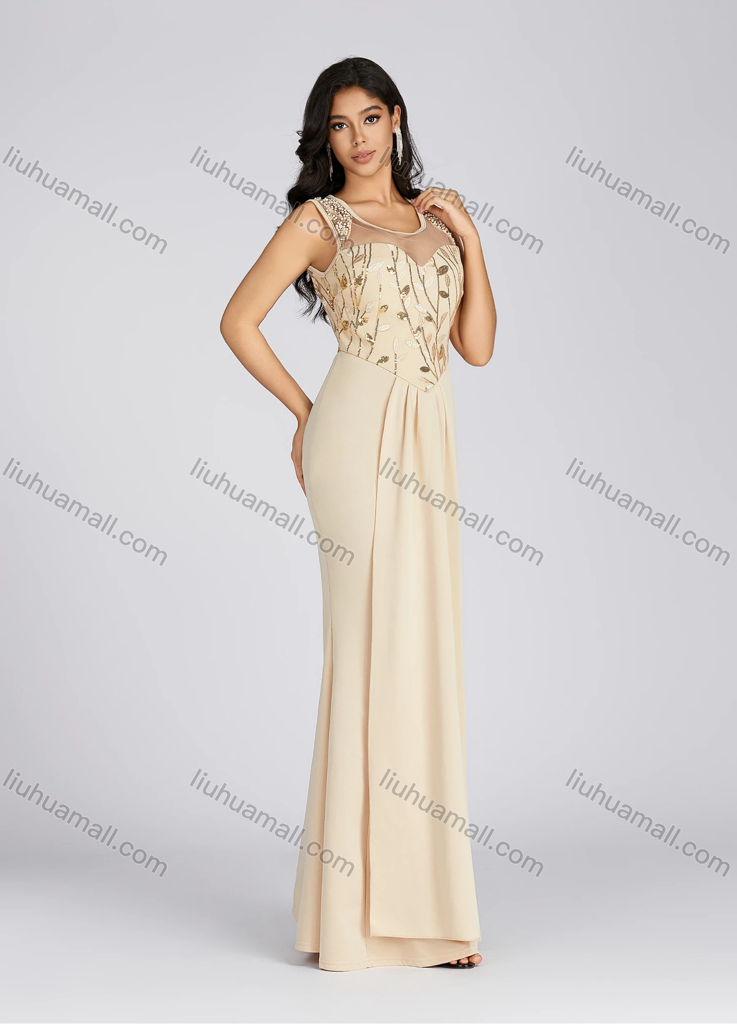 Wholesale Women's Elegant Scoop Neck Sequin Pearl Decor Tiered Evening Dress 5073# - Liuhuamall