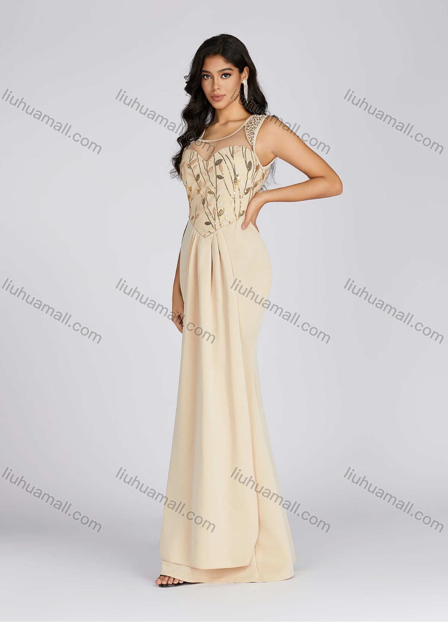 Wholesale Women's Elegant Scoop Neck Sequin Pearl Decor Tiered Evening Dress 5073# - Liuhuamall