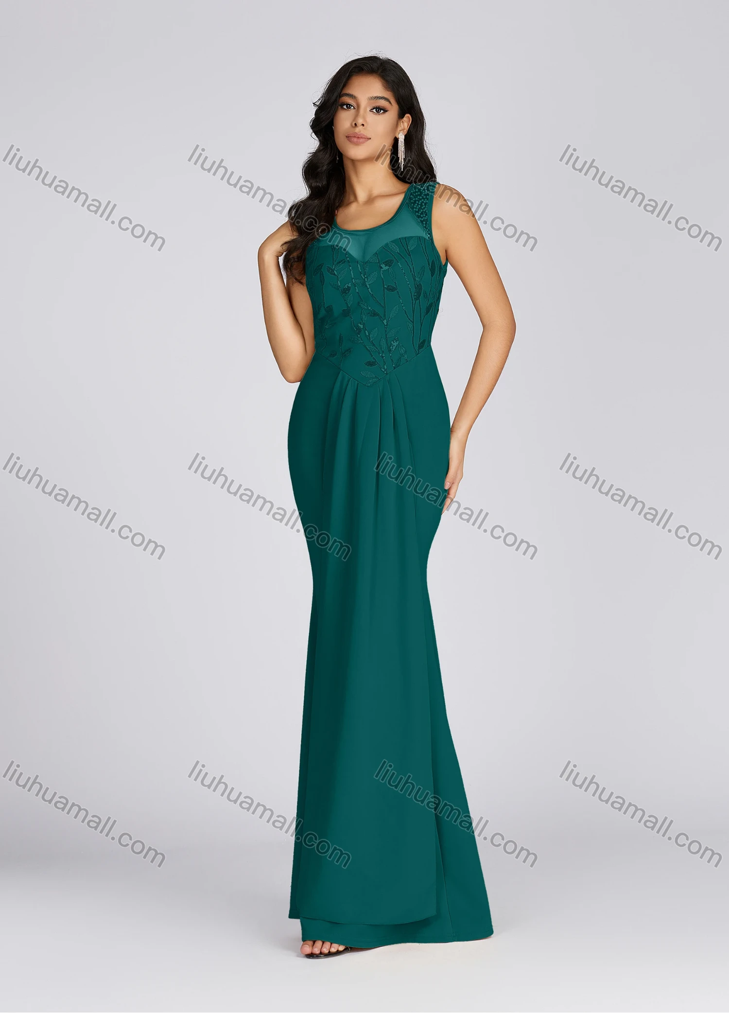 Wholesale Women's Elegant Scoop Neck Sequin Pearl Decor Tiered Evening Dress 5073# - Liuhuamall