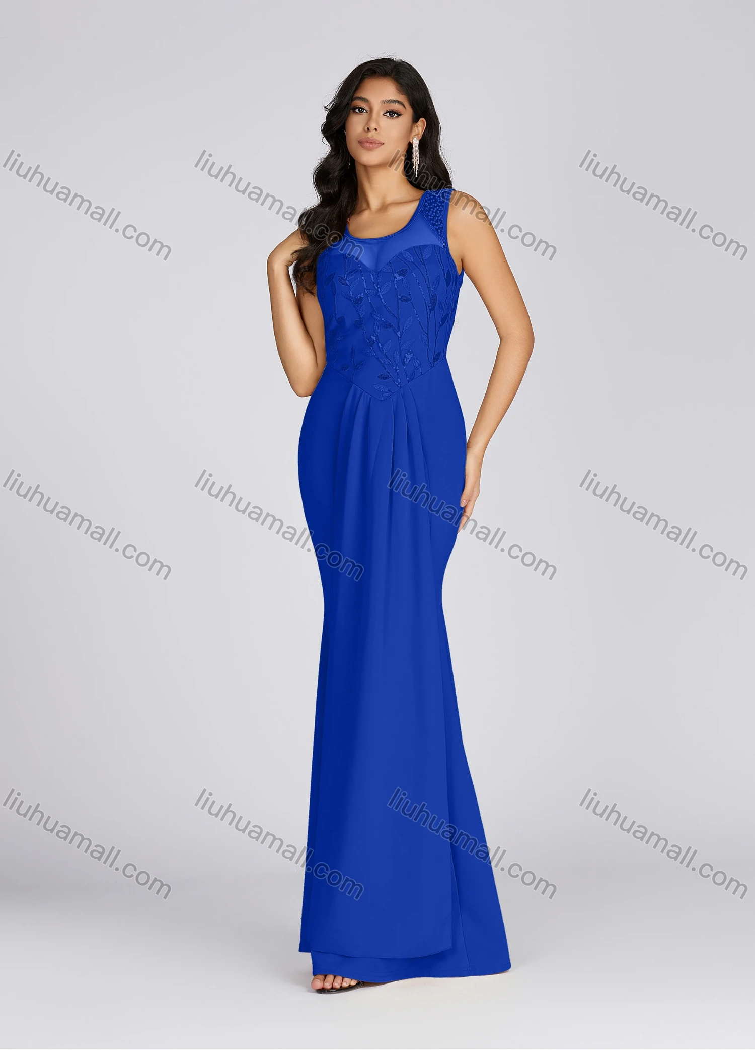 Wholesale Women's Elegant Scoop Neck Sequin Pearl Decor Tiered Evening Dress 5073# - Liuhuamall