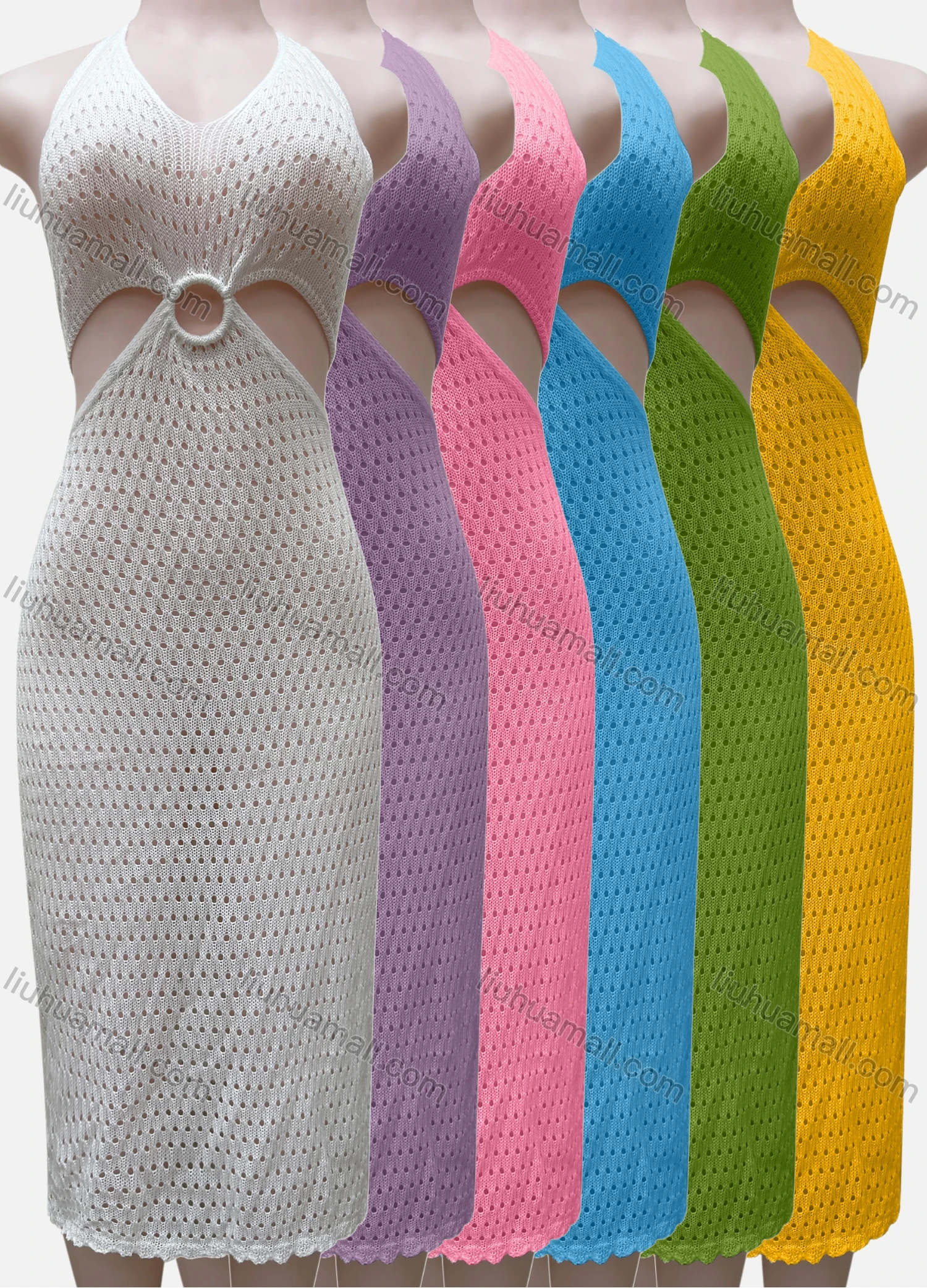 Wholesale Women's Vacation Beachwear Halter Sleeveless Plain Knit Cover Up Dress 2029# - Liuhuamall