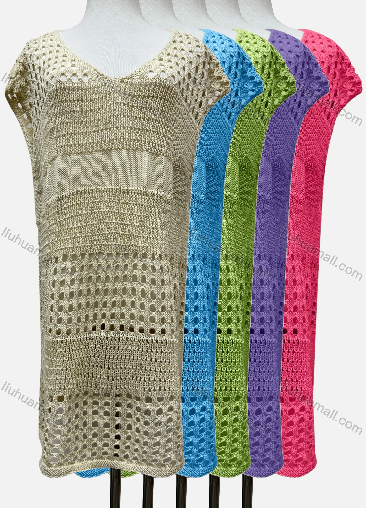 Wholesale Women's Vacation V Neck Sleeveless Plain Semi-Sheer Knit Cover Up Dress J2428# - Liuhuamall