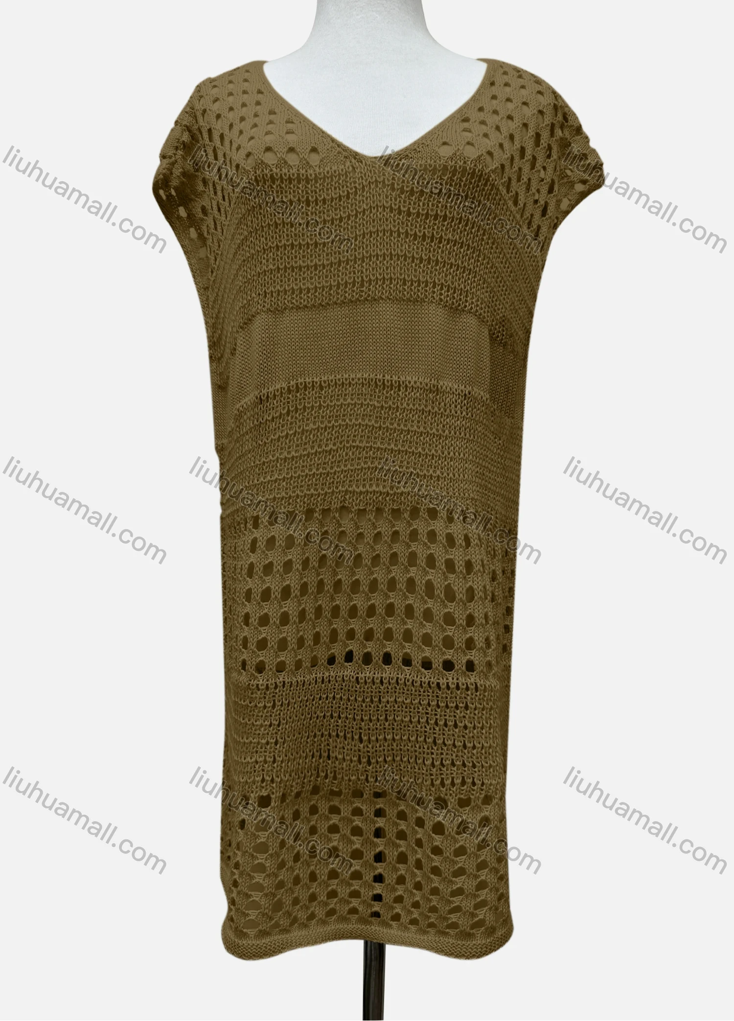 Wholesale Women's Vacation V Neck Sleeveless Plain Semi-Sheer Knit Cover Up Dress J2428# - Liuhuamall