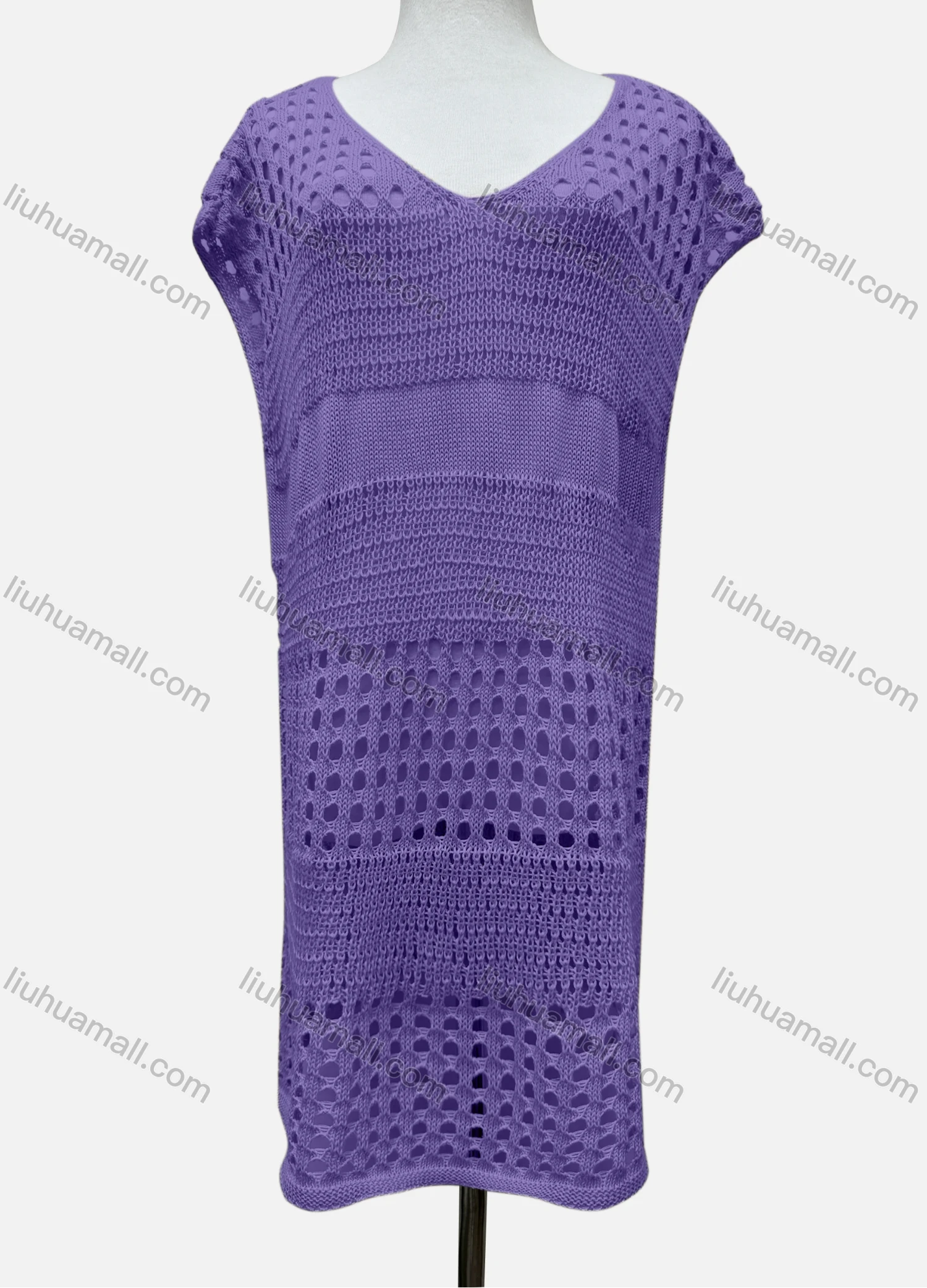 Wholesale Women's Vacation V Neck Sleeveless Plain Semi-Sheer Knit Cover Up Dress J2428# - Liuhuamall