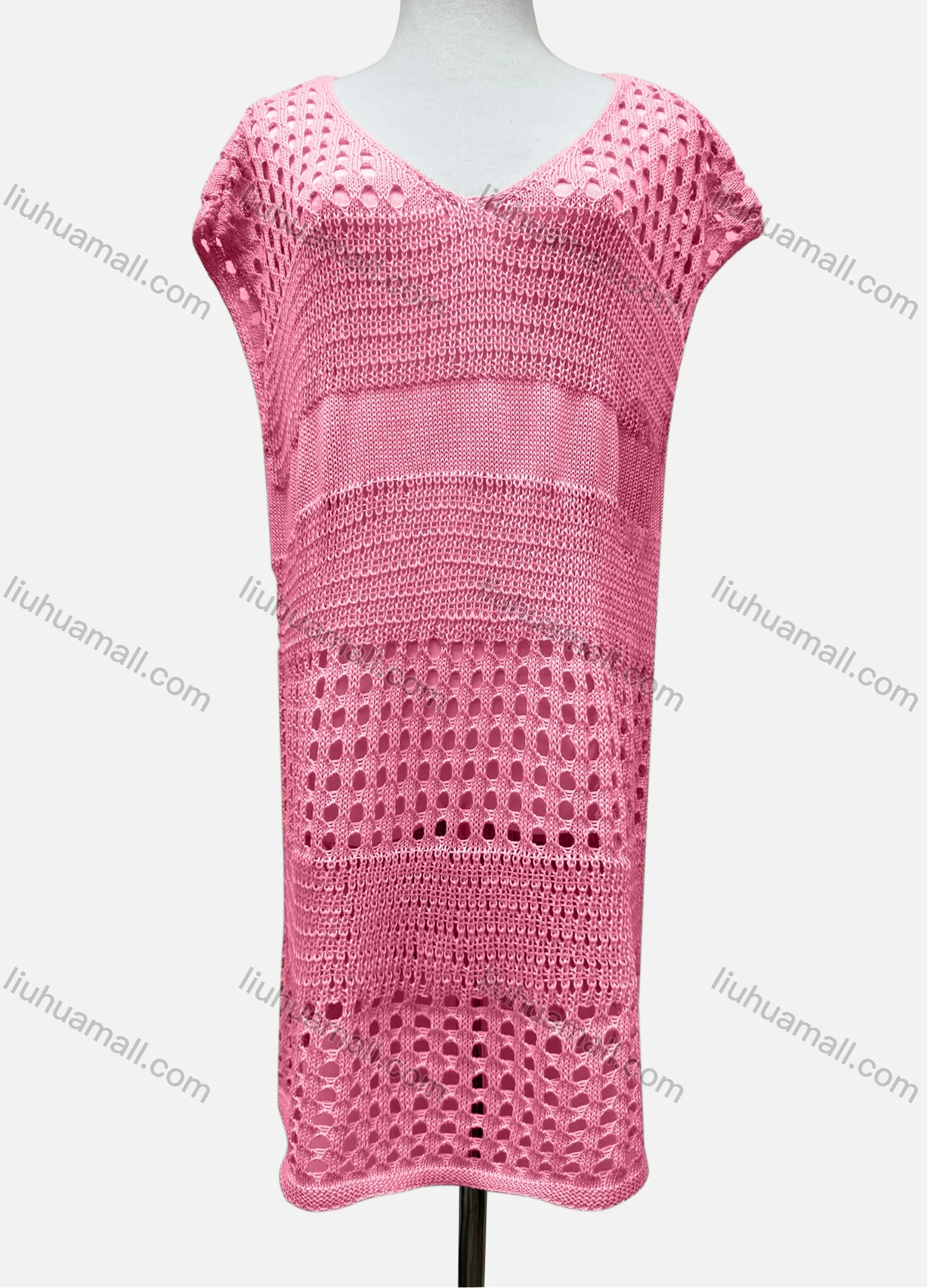 Wholesale Women's Vacation V Neck Sleeveless Plain Semi-Sheer Knit Cover Up Dress J2428# - Liuhuamall