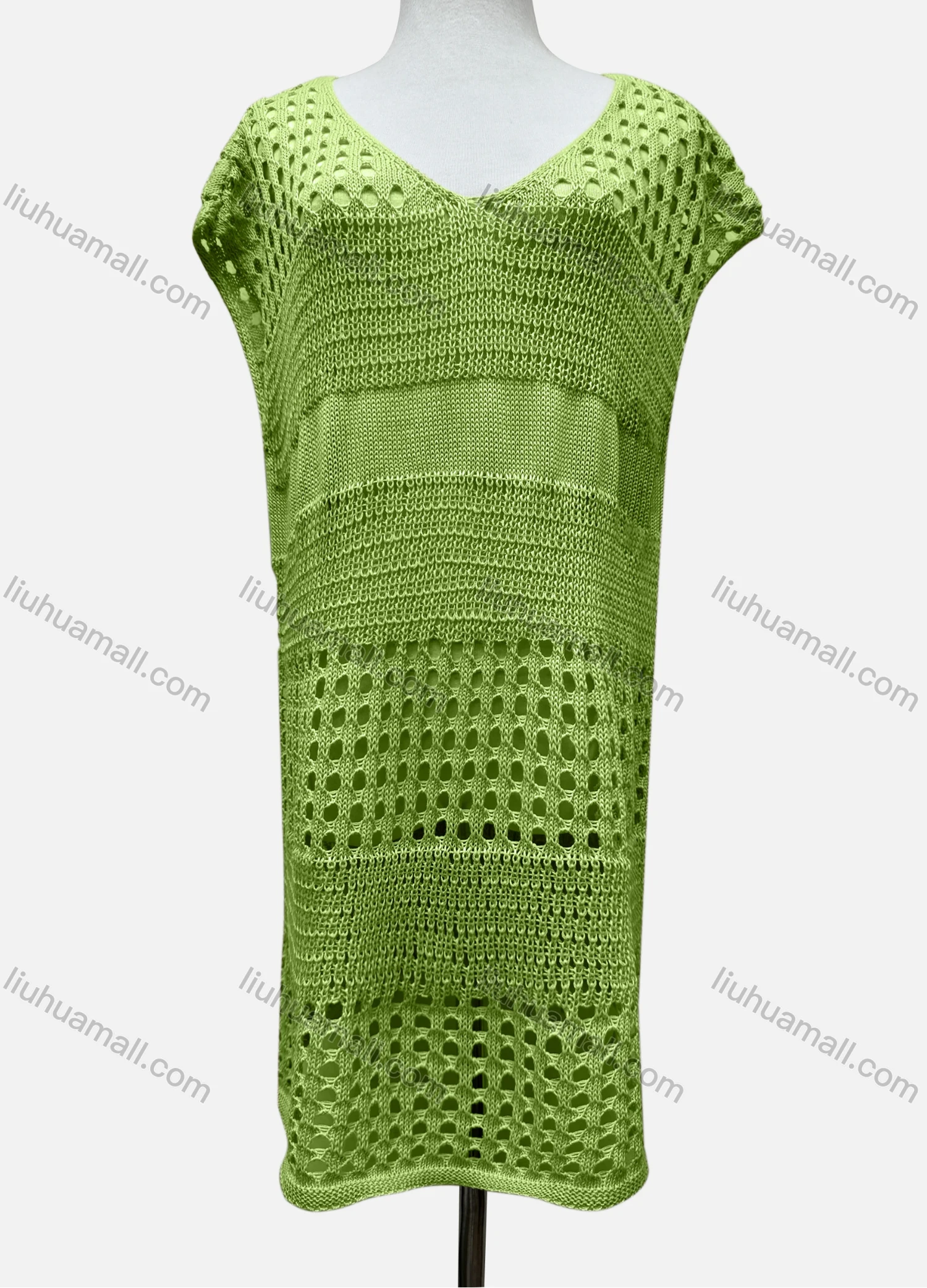 Wholesale Women's Vacation V Neck Sleeveless Plain Semi-Sheer Knit Cover Up Dress J2428# - Liuhuamall
