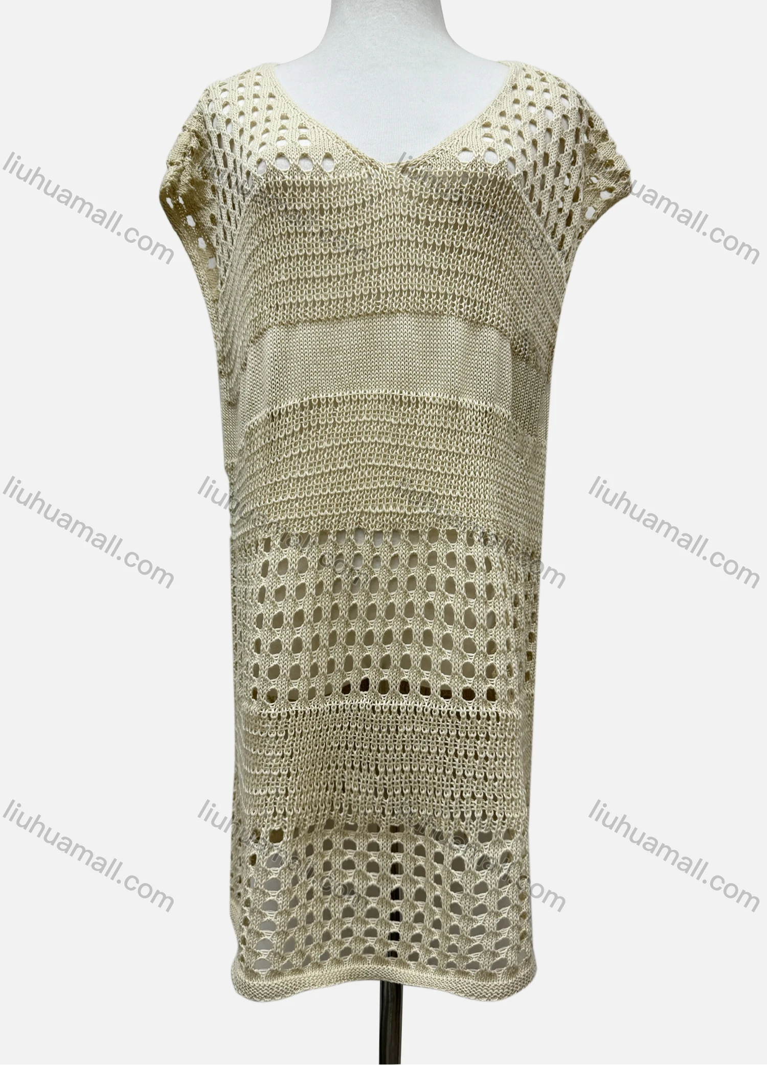 Wholesale Women's Vacation V Neck Sleeveless Plain Semi-Sheer Knit Cover Up Dress J2428# - Liuhuamall