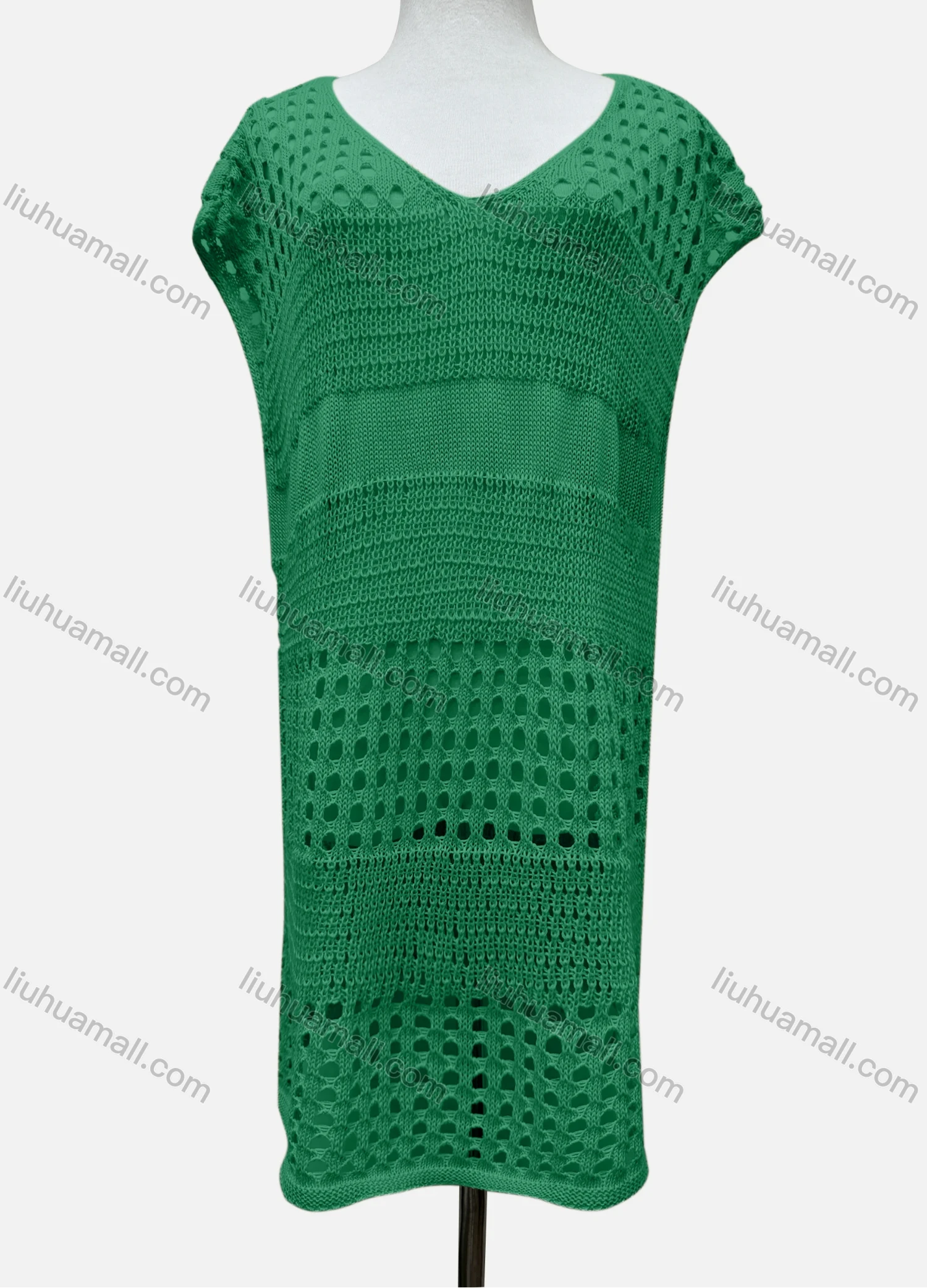 Wholesale Women's Vacation V Neck Sleeveless Plain Semi-Sheer Knit Cover Up Dress J2428# - Liuhuamall