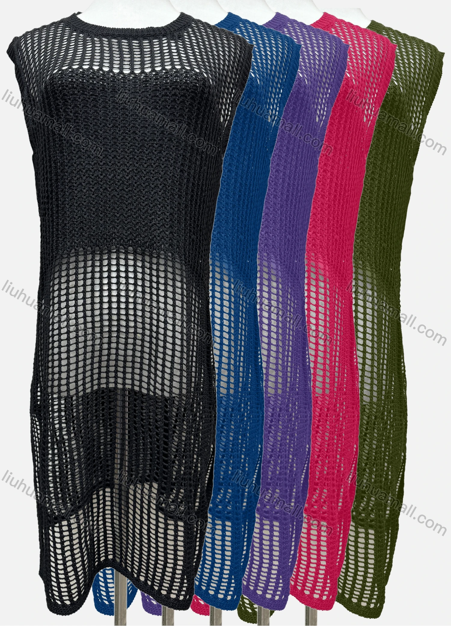 Wholesale Women's Vacation Plain Round Neck Knitted Sleeveless Hollow Out Cover Up Dress J2435# - Liuhuamall