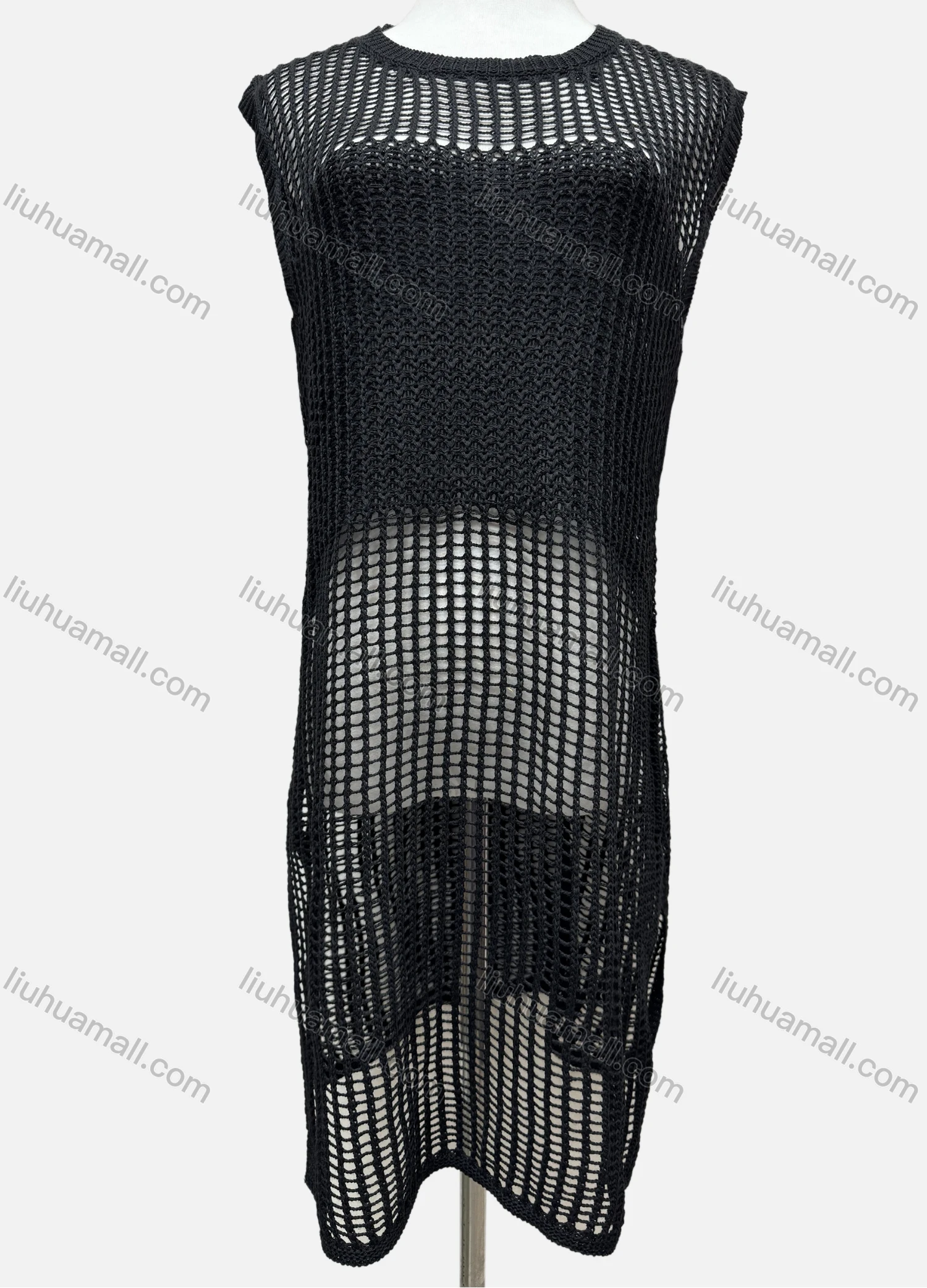 Wholesale Women's Vacation Plain Round Neck Knitted Sleeveless Hollow Out Cover Up Dress J2435# - Liuhuamall