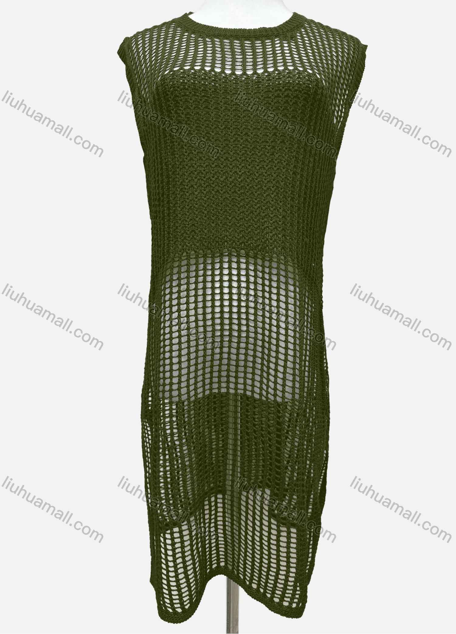 Wholesale Women's Vacation Plain Round Neck Knitted Sleeveless Hollow Out Cover Up Dress J2435# - Liuhuamall