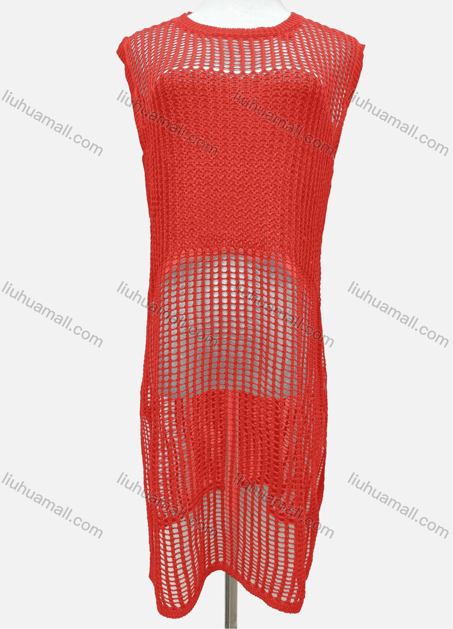 Wholesale Women's Vacation Plain Round Neck Knitted Sleeveless Hollow Out Cover Up Dress J2435# - Liuhuamall