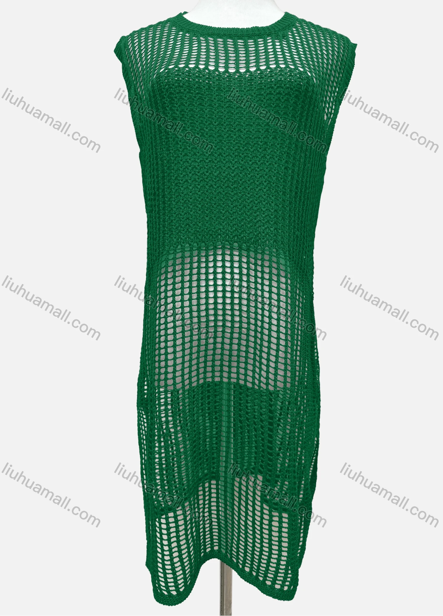 Wholesale Women's Vacation Plain Round Neck Knitted Sleeveless Hollow Out Cover Up Dress J2435# - Liuhuamall