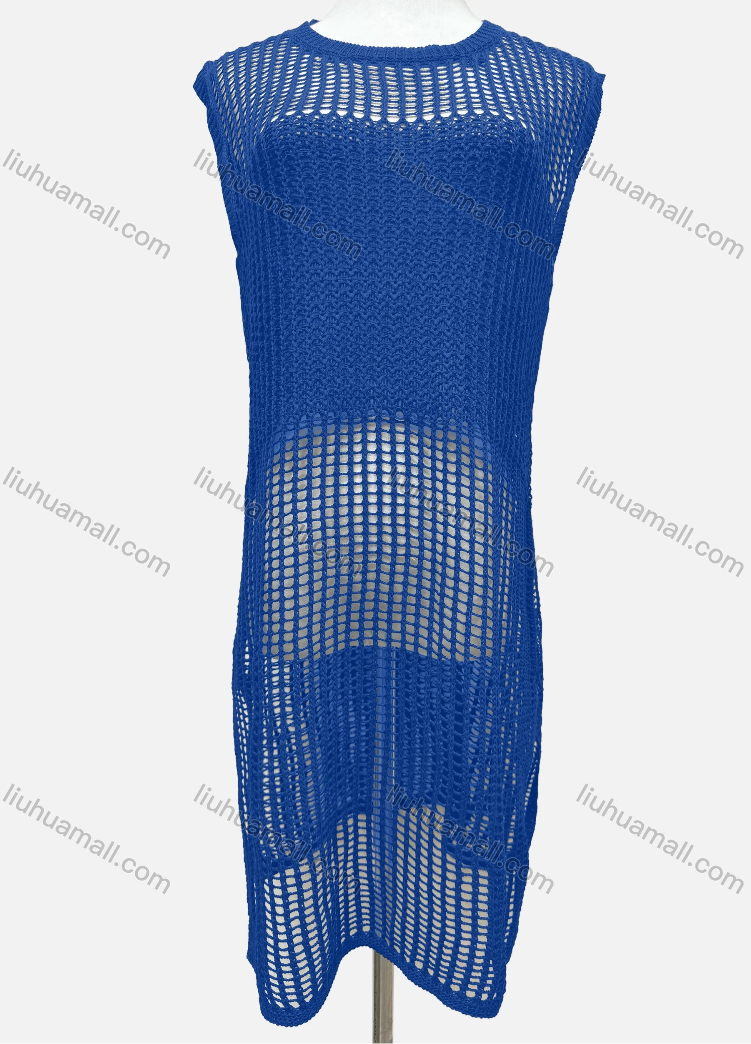 Wholesale Women's Vacation Plain Round Neck Knitted Sleeveless Hollow Out Cover Up Dress J2435# - Liuhuamall