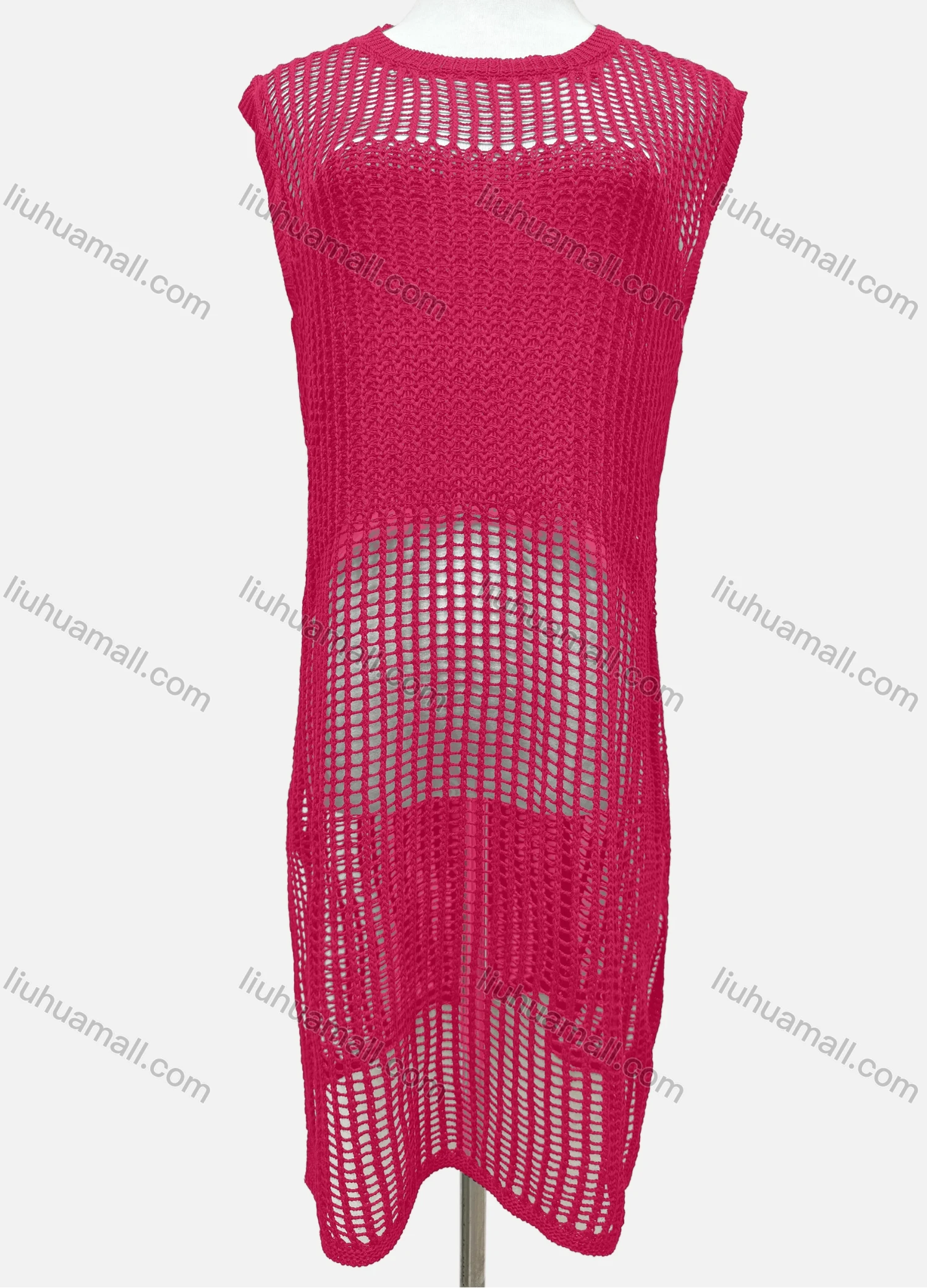 Wholesale Women's Vacation Plain Round Neck Knitted Sleeveless Hollow Out Cover Up Dress J2435# - Liuhuamall