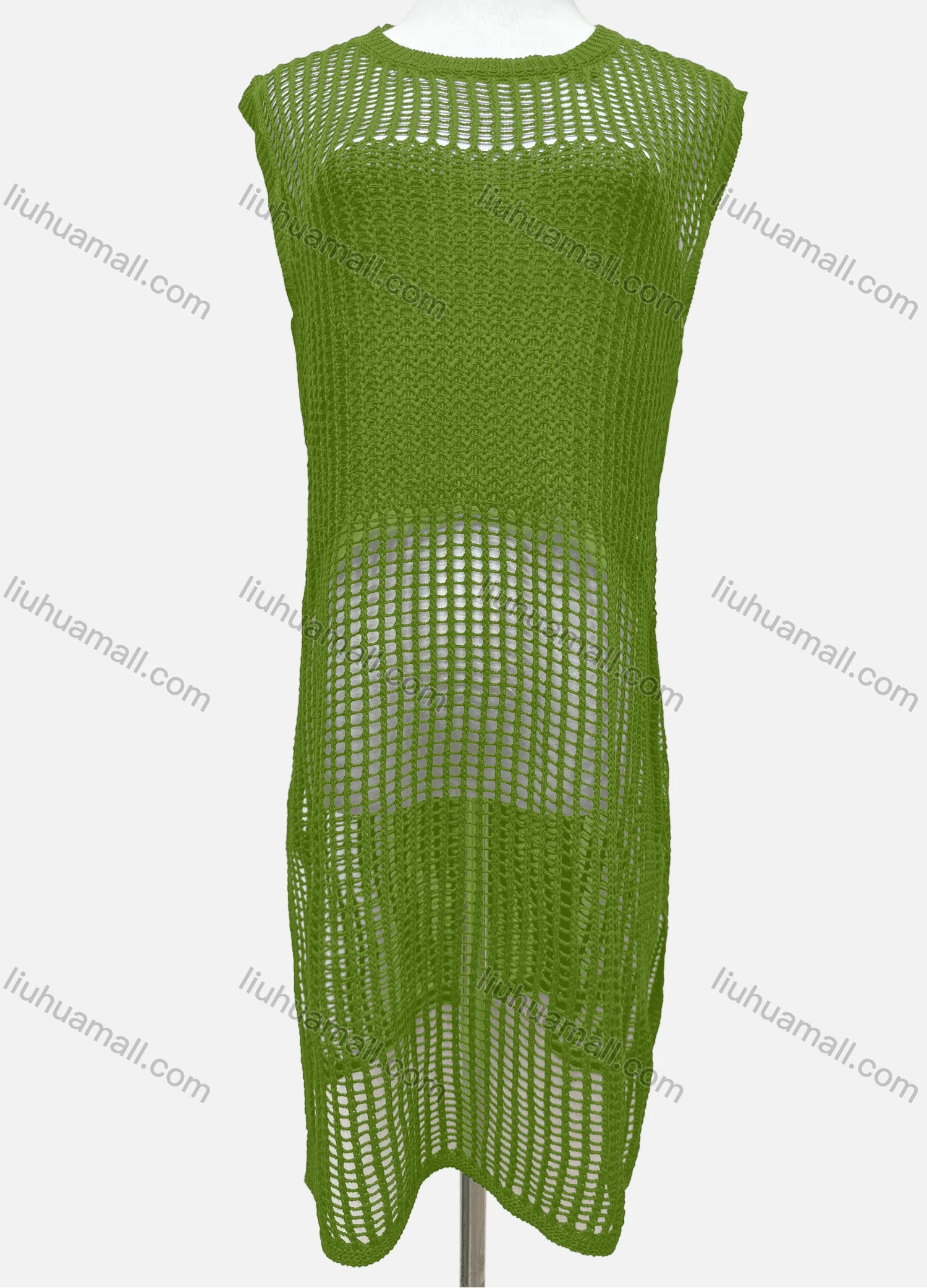 Wholesale Women's Vacation Plain Round Neck Knitted Sleeveless Hollow Out Cover Up Dress J2435# - Liuhuamall