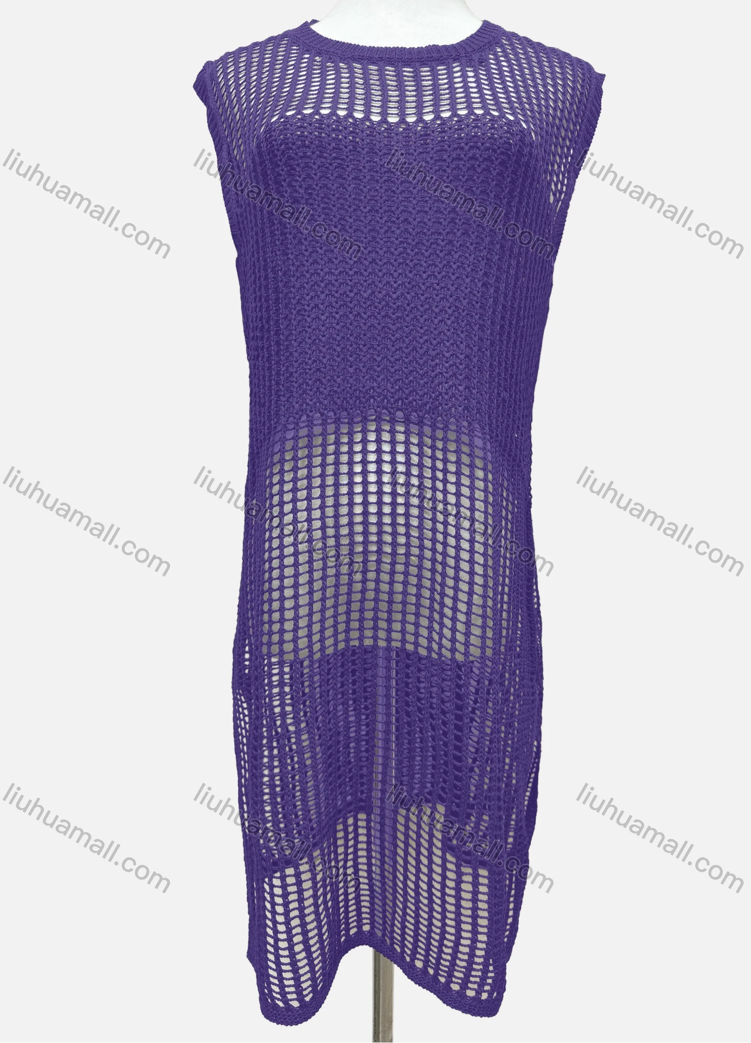 Wholesale Women's Vacation Plain Round Neck Knitted Sleeveless Hollow Out Cover Up Dress J2435# - Liuhuamall