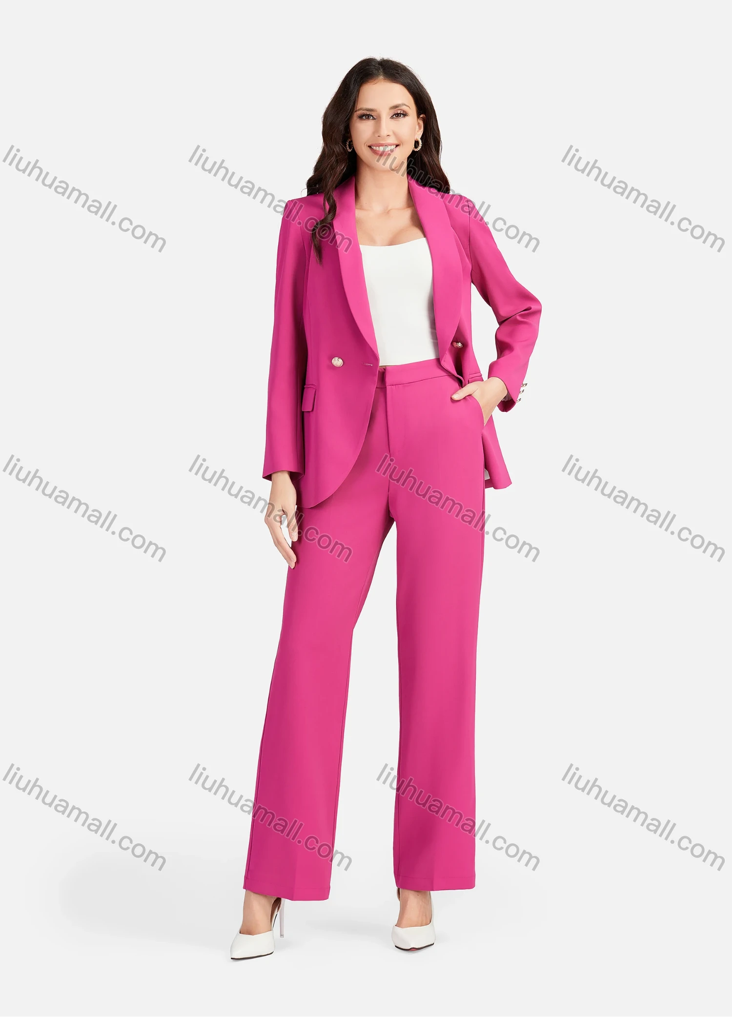 Wholesale Women's Formal Lapel Plain Flap Pockets Double Breasted Blazer & Suit Pants 2-Piece Suit Sets 4043-2# - Liuhuamall