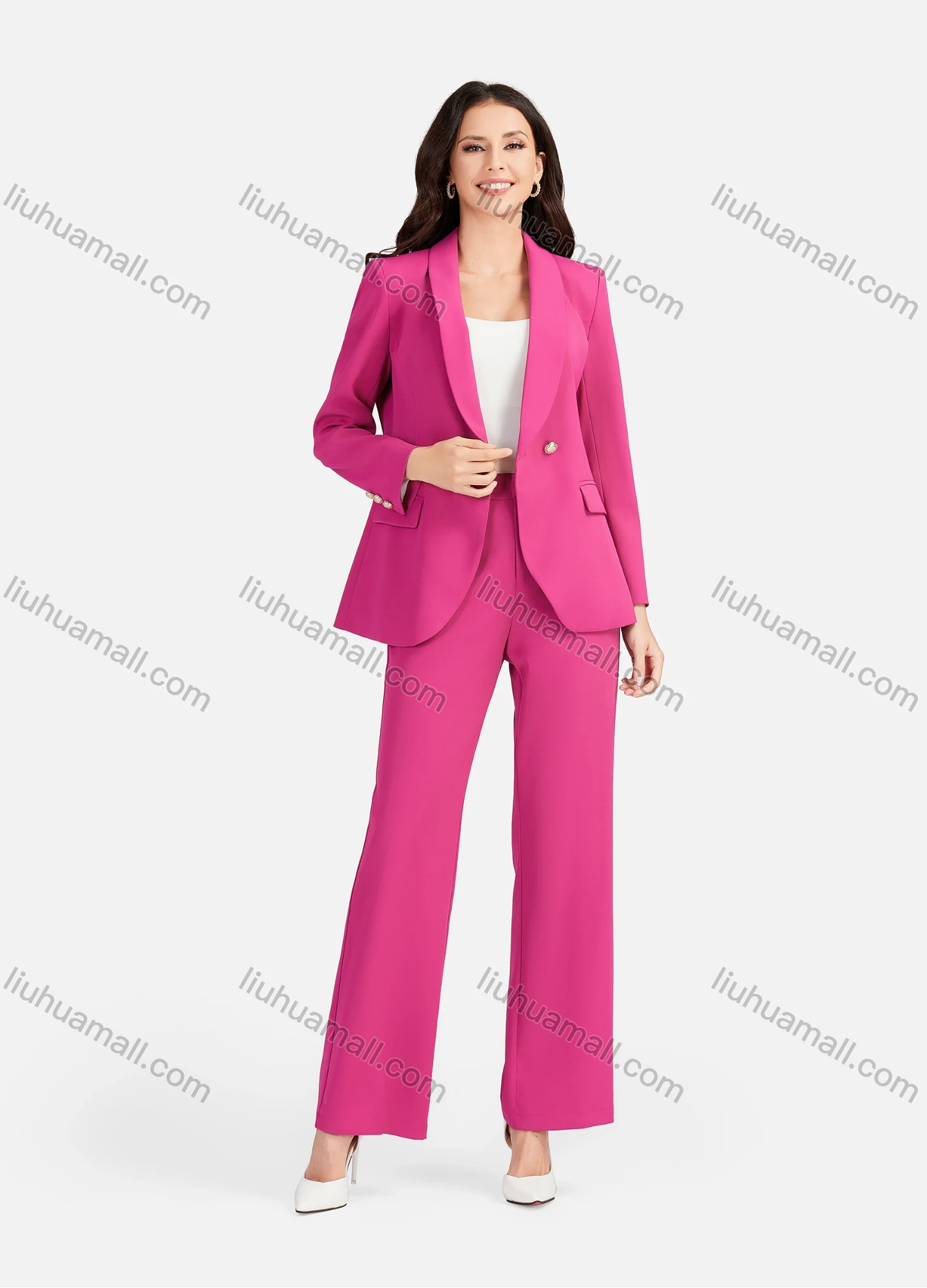 Wholesale Women's Formal Lapel Plain Flap Pockets Double Breasted Blazer & Suit Pants 2-Piece Suit Sets 4043-2# - Liuhuamall