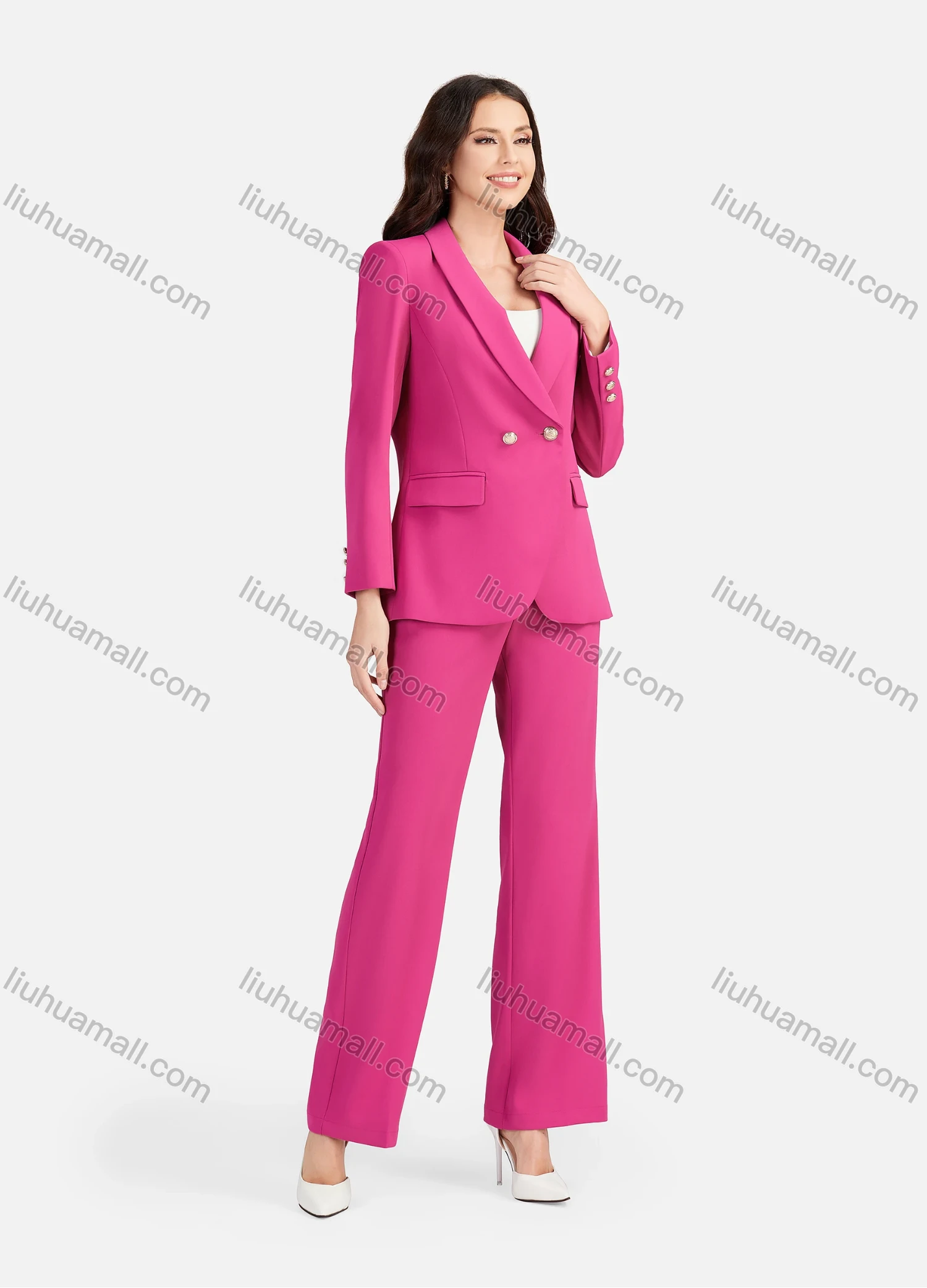 Wholesale Women's Formal Lapel Plain Flap Pockets Double Breasted Blazer & Suit Pants 2-Piece Suit Sets 4043-2# - Liuhuamall