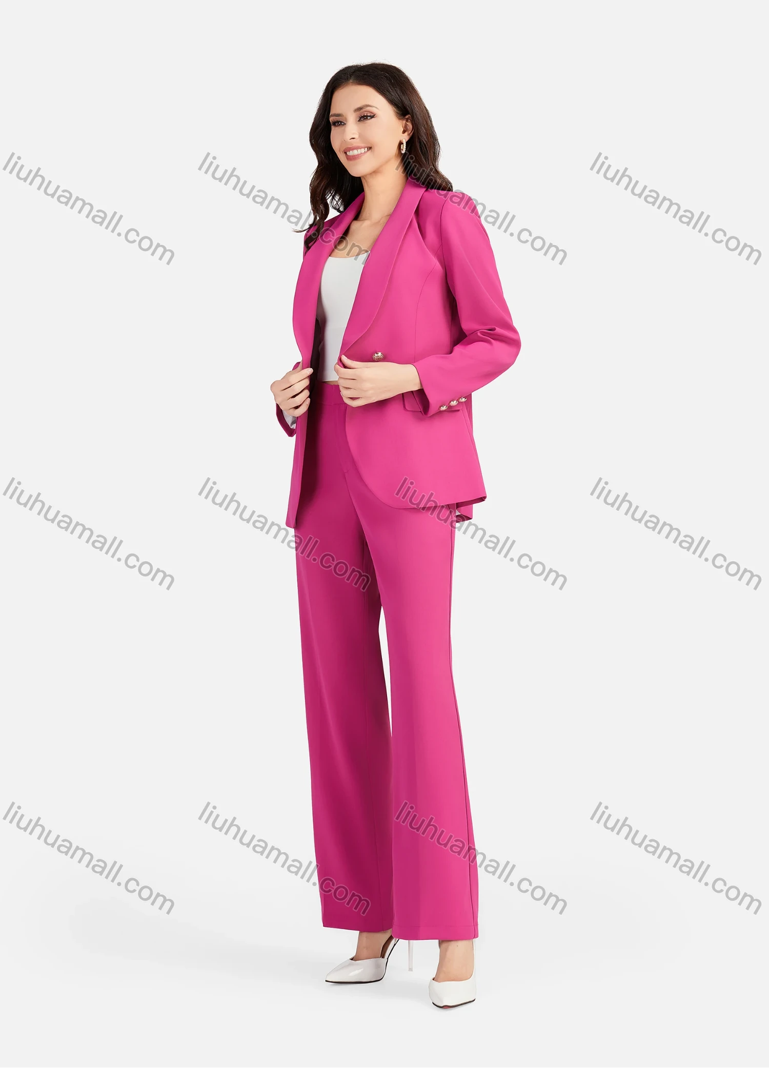Wholesale Women's Formal Lapel Plain Flap Pockets Double Breasted Blazer & Suit Pants 2-Piece Suit Sets 4043-2# - Liuhuamall