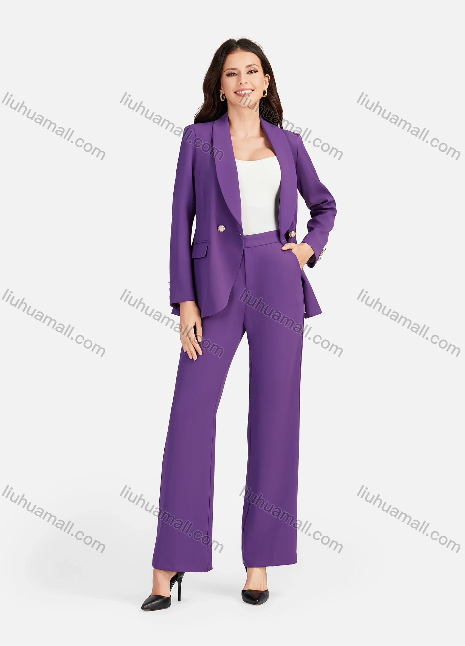 Wholesale Women's Formal Lapel Flap Pockets Button Decor Plain Blazer & Suit Pants 2-Piece Suit Sets 4043-3# - Liuhuamall