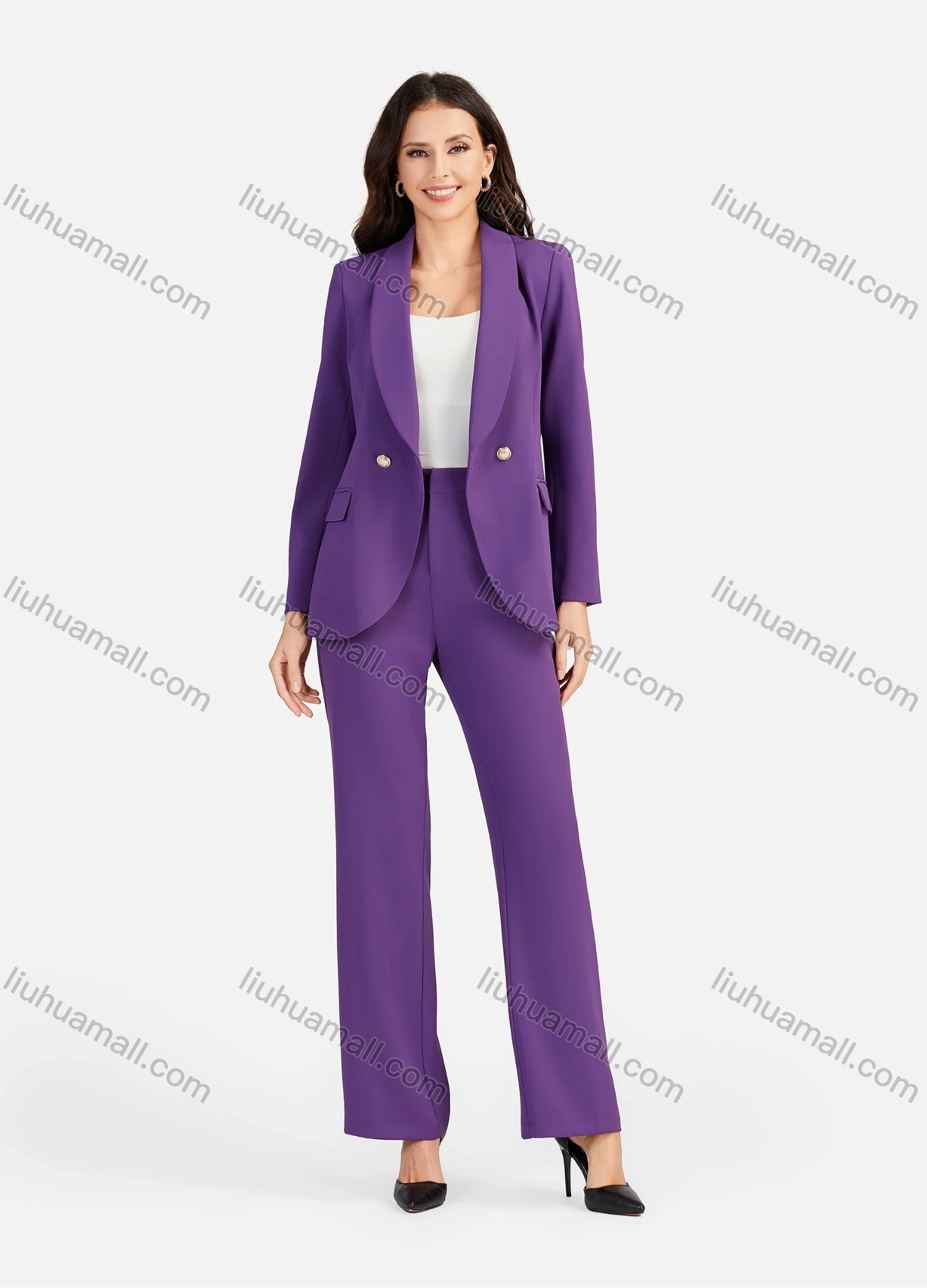 Wholesale Women's Formal Lapel Flap Pockets Button Decor Plain Blazer & Suit Pants 2-Piece Suit Sets 4043-3# - Liuhuamall