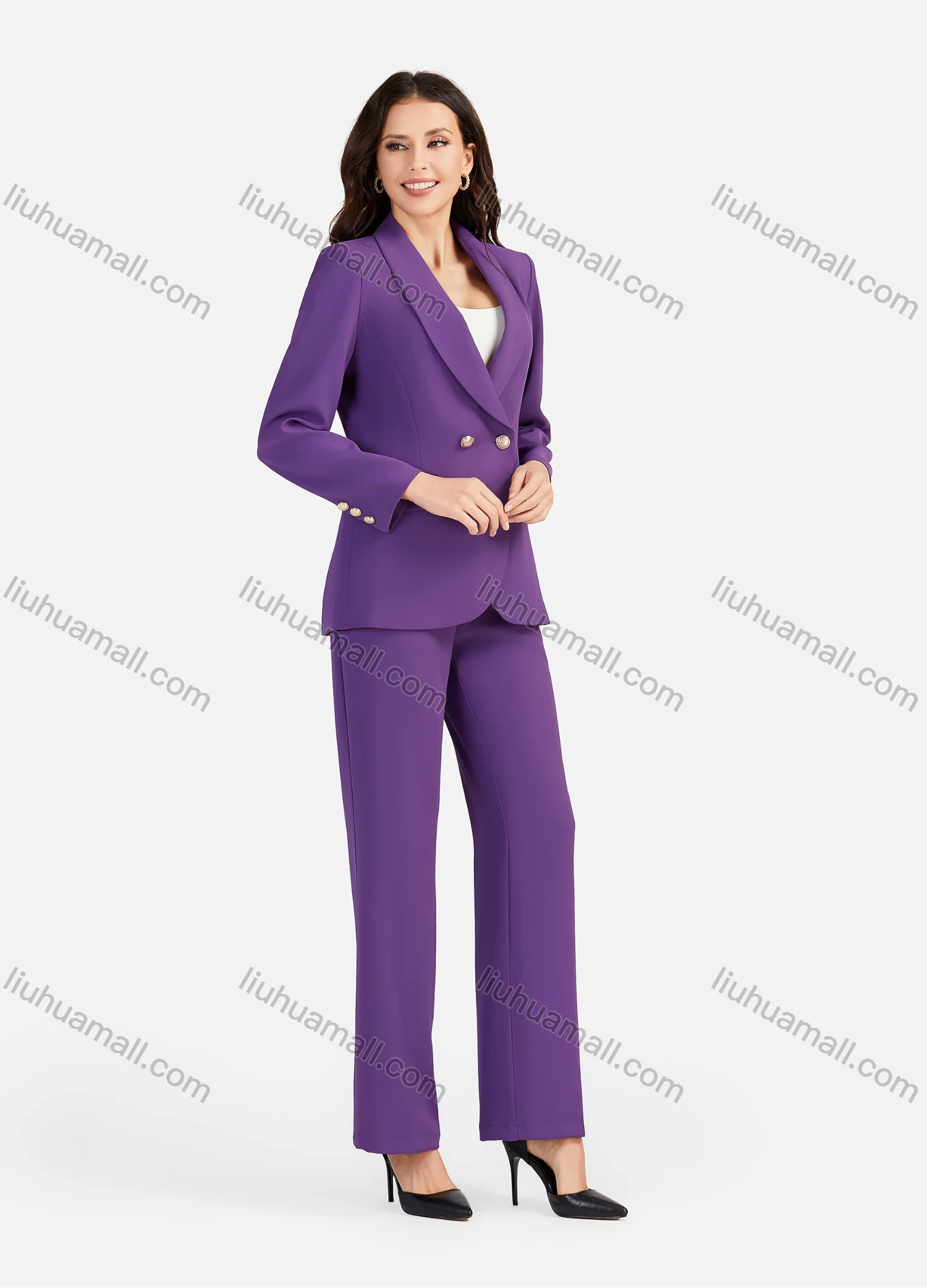 Wholesale Women's Formal Lapel Flap Pockets Button Decor Plain Blazer & Suit Pants 2-Piece Suit Sets 4043-3# - Liuhuamall