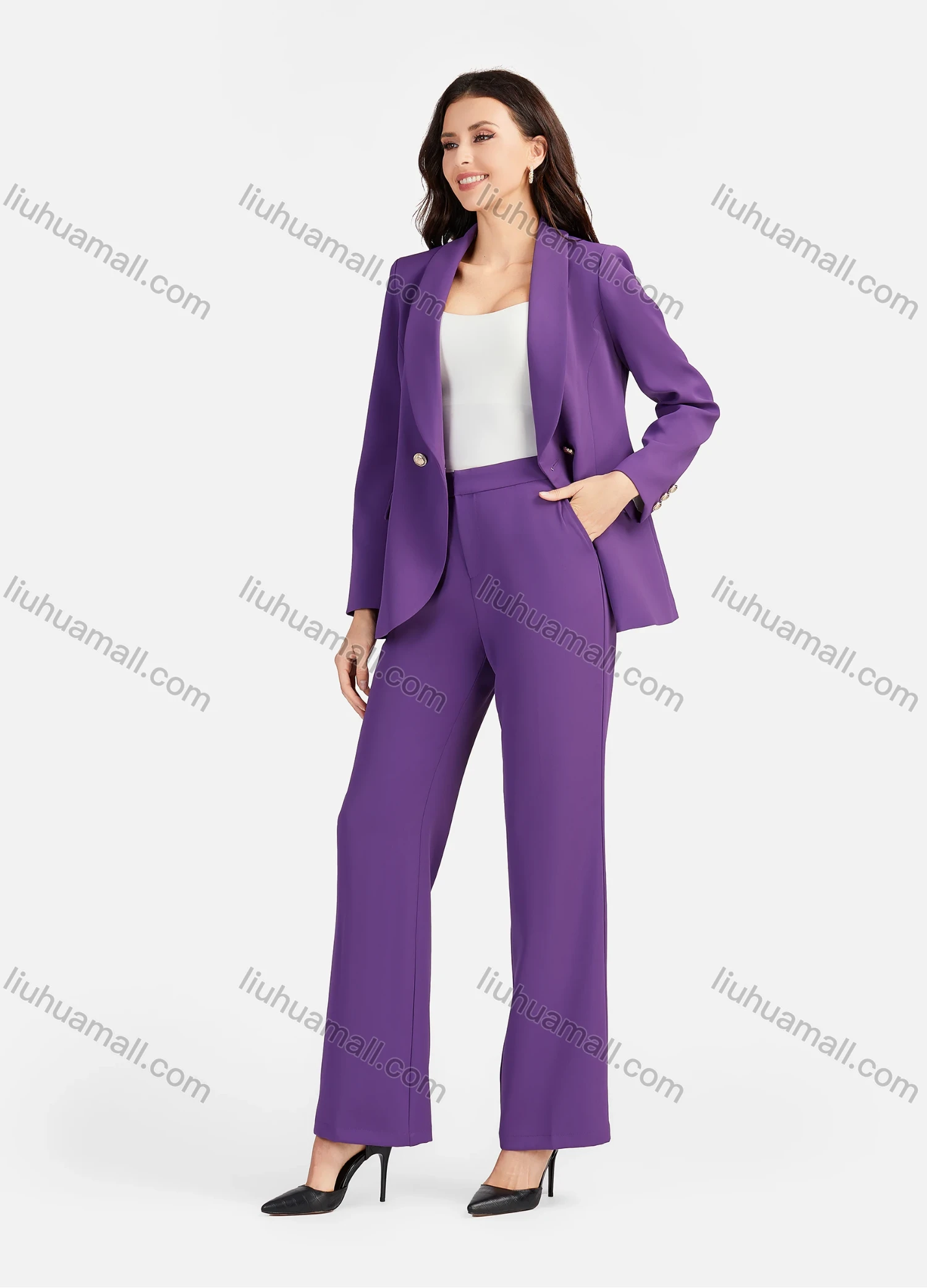 Wholesale Women's Formal Lapel Flap Pockets Button Decor Plain Blazer & Suit Pants 2-Piece Suit Sets 4043-3# - Liuhuamall