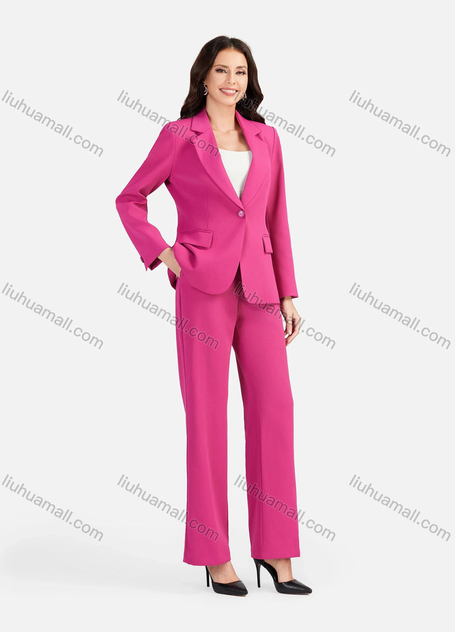 Wholesale Women's Formal Lapel Plain Flap Pockets Single Breasted Blazer & Suit Pants 2-Piece Suit Sets 4042-7# - Liuhuamall