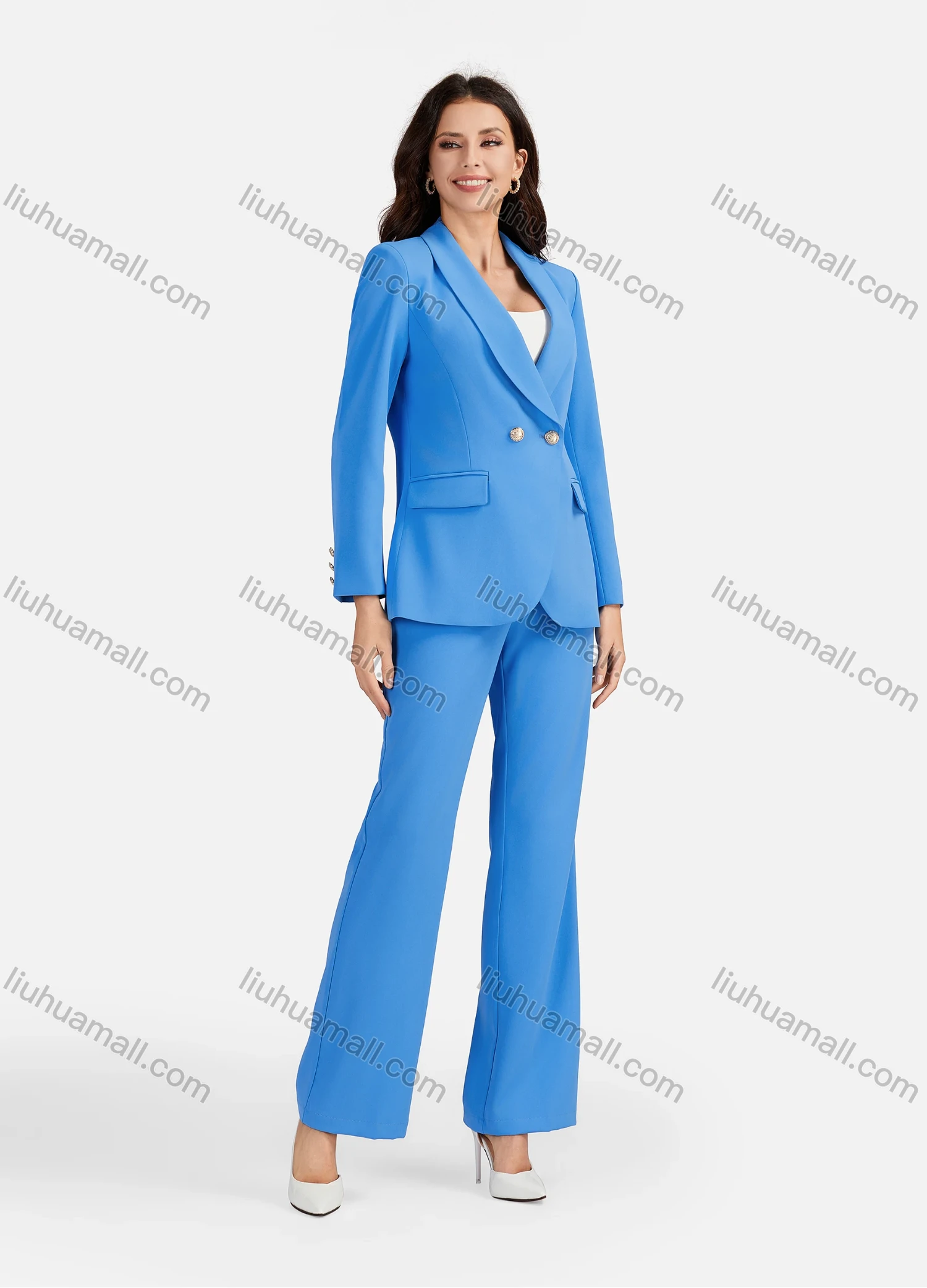 Wholesale Women's Formal Lapel Plain Flap Pockets Double Breasted Blazer & Suit Pants 2-Piece Suit Sets 4043-8# - Liuhuamall