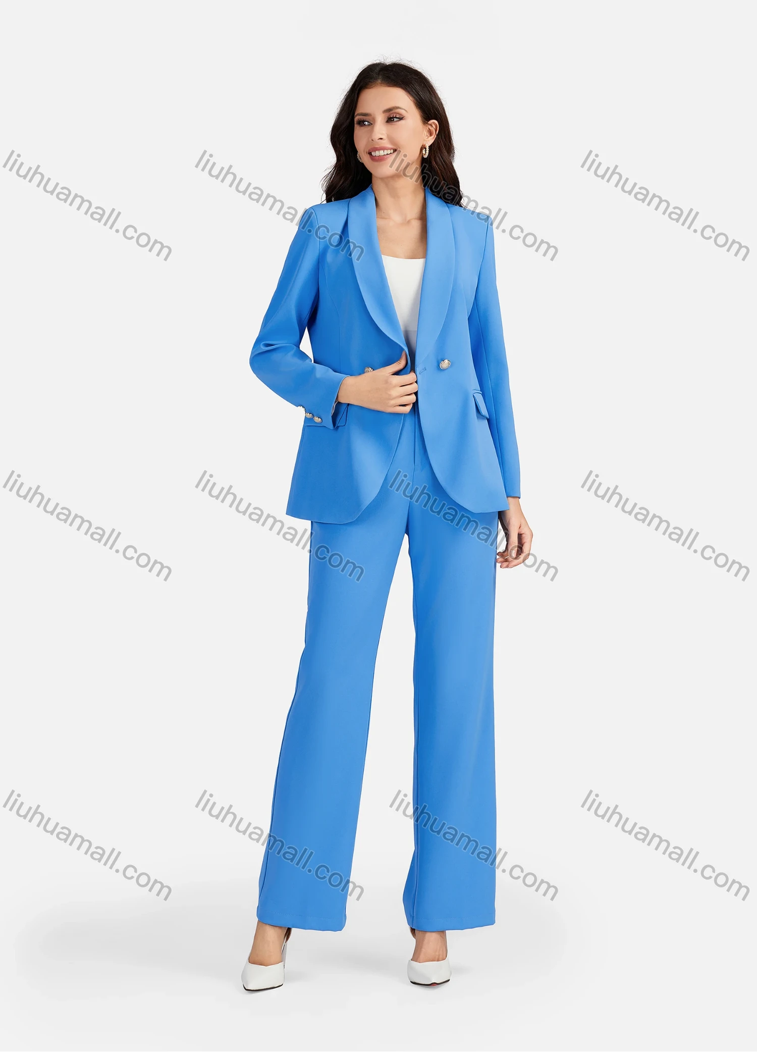 Wholesale Women's Formal Lapel Plain Flap Pockets Double Breasted Blazer & Suit Pants 2-Piece Suit Sets 4043-8# - Liuhuamall
