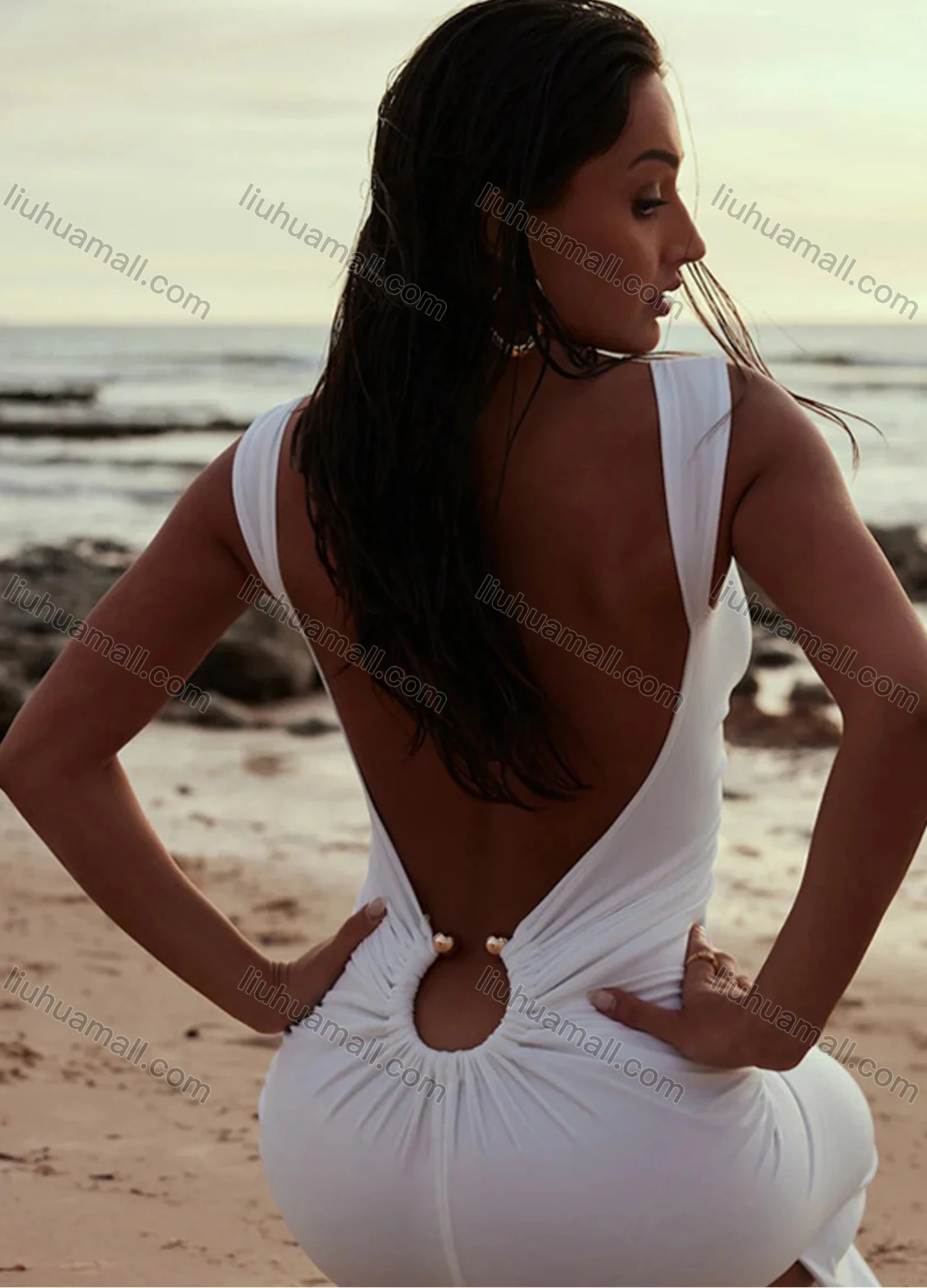 Wholesale Women's Sexy Plain Sleeveless Backless Slit Maxi Cami Dress - Liuhuamall