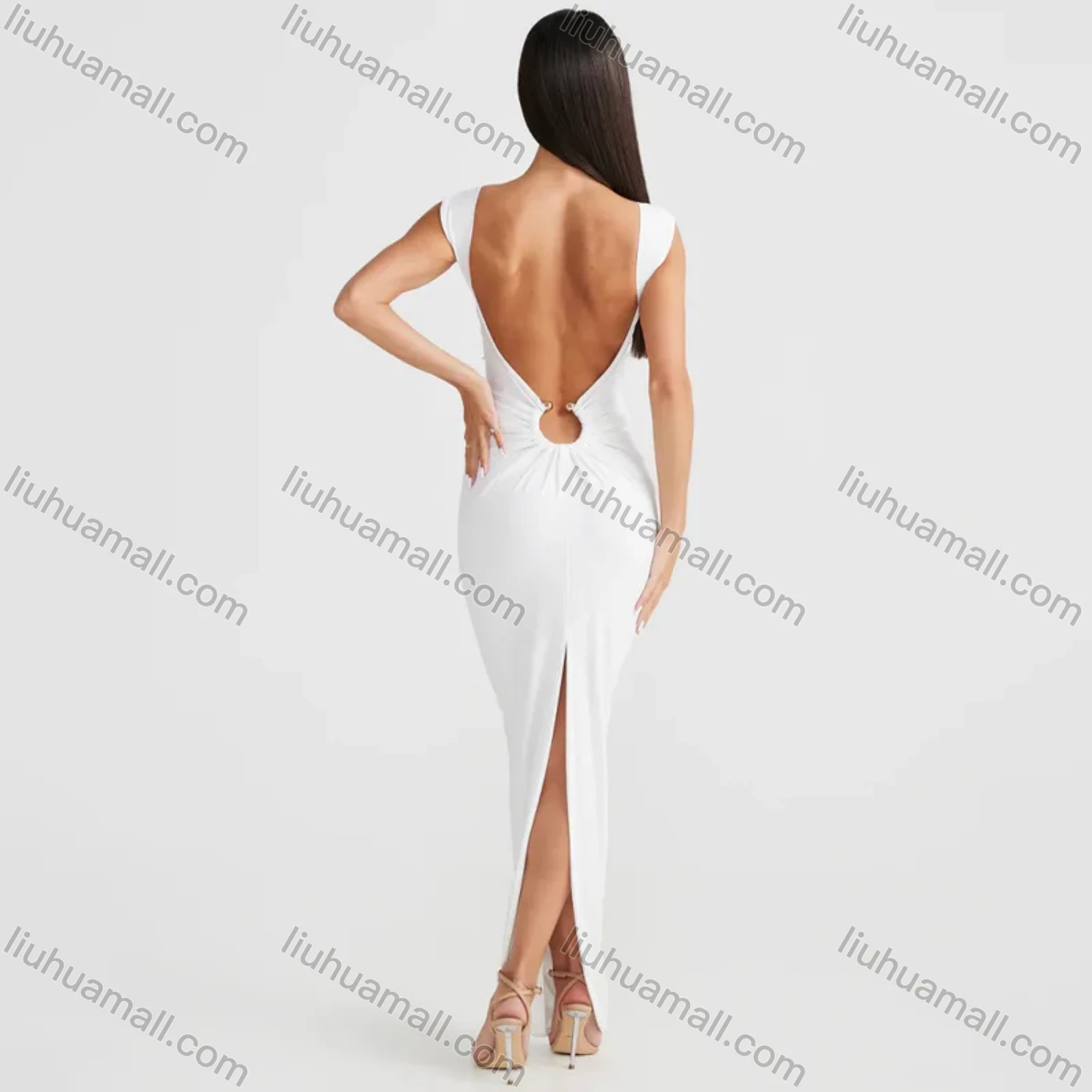 Wholesale Women's Sexy Plain Sleeveless Backless Slit Maxi Cami Dress - Liuhuamall