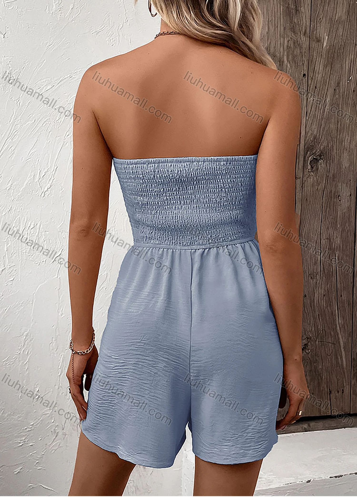 Wholesale Women's Fashion Plain Strapless Shirred Ruffle Trim Button Front Drawstring Romper - Liuhuamall