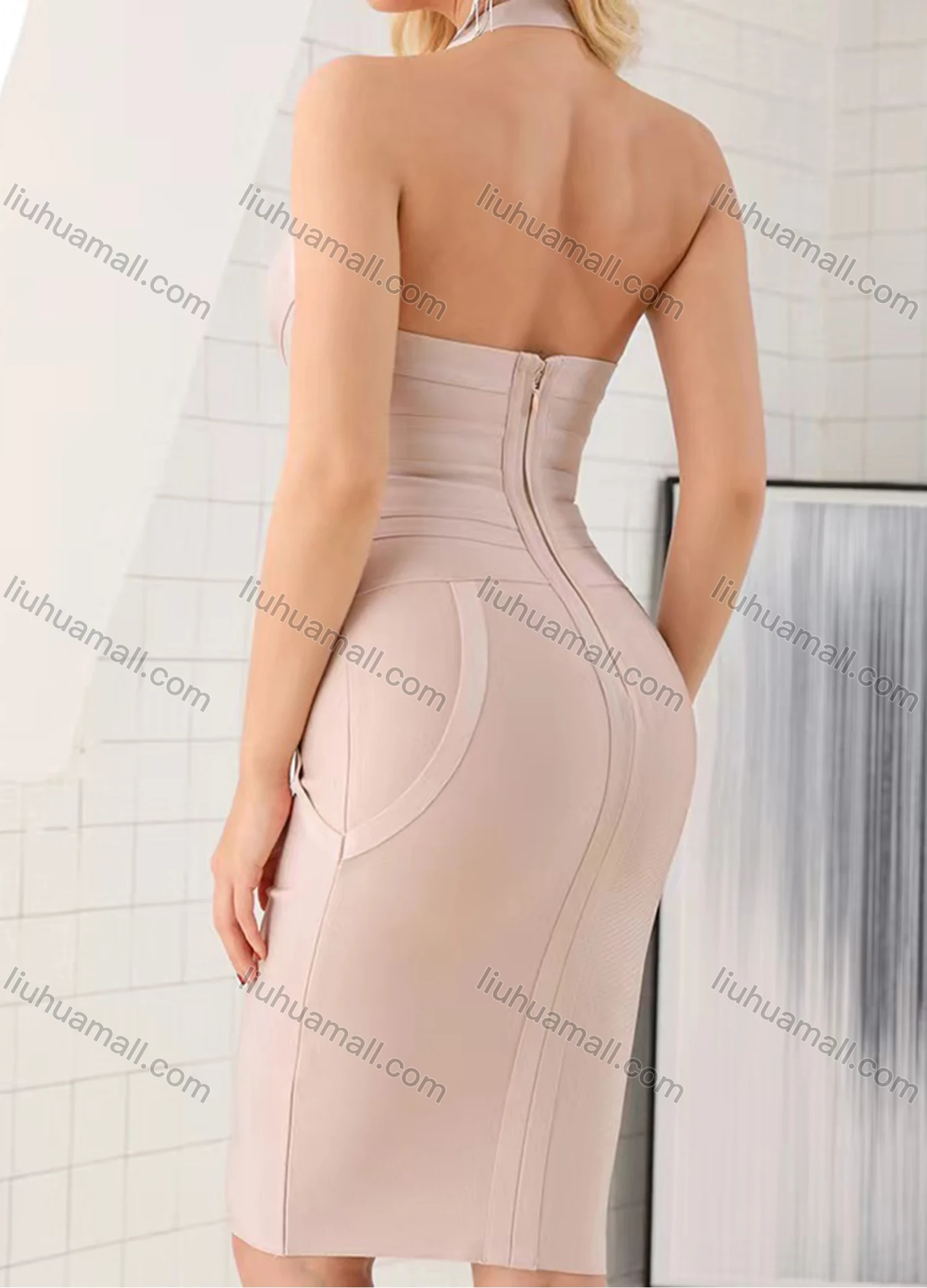 Wholesale Women's Sexy Plain Halter Pencil Hem Knee Length Club Dress - Liuhuamall