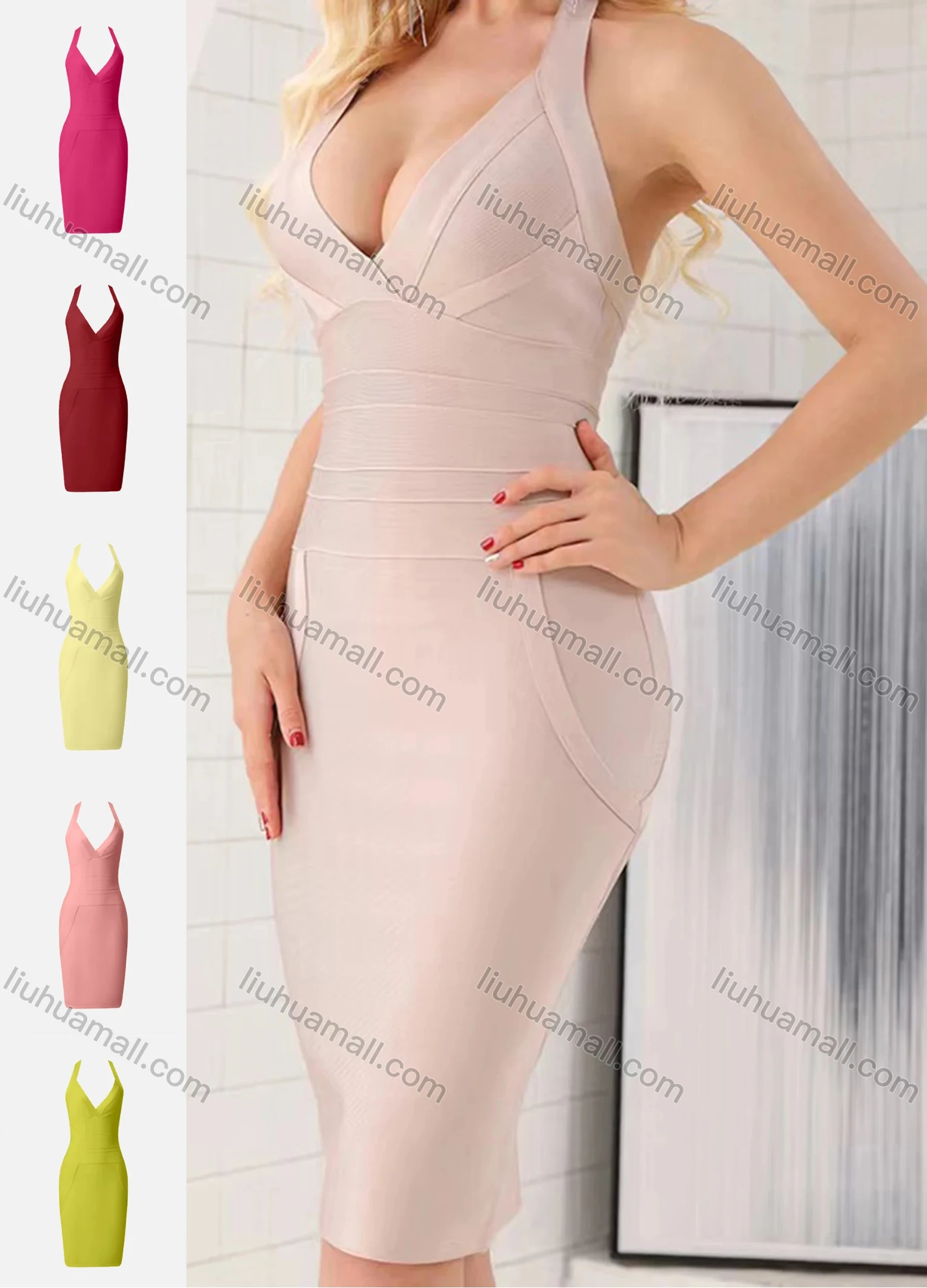 Wholesale Women's Sexy Plain Halter Pencil Hem Knee Length Club Dress - Liuhuamall