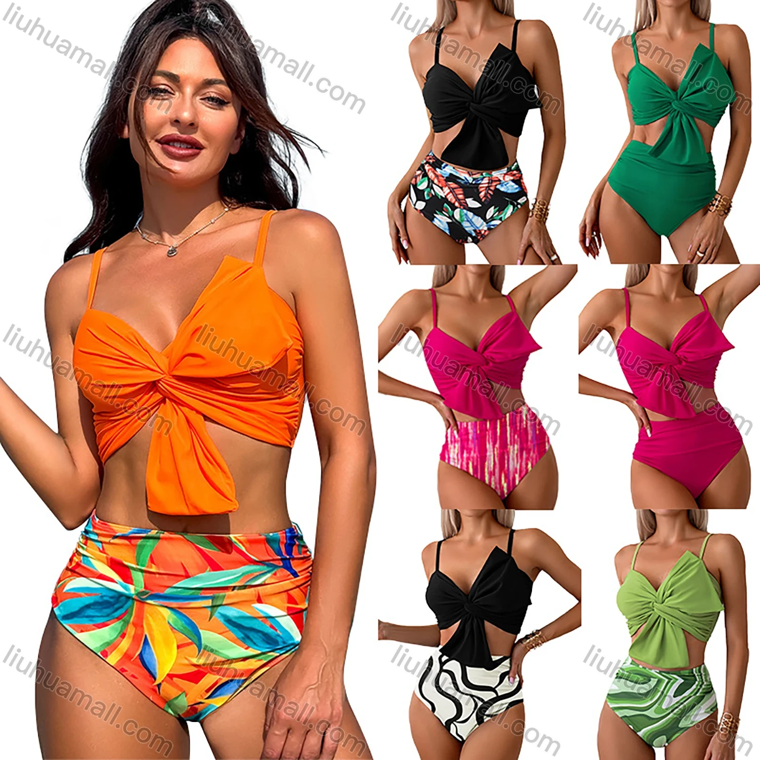 Wholesale Women's Vacation Colorful Leaf Print Twist Ruched Adjustable Spaghetti Strap Bikini Swimsuit - Liuhuamall
