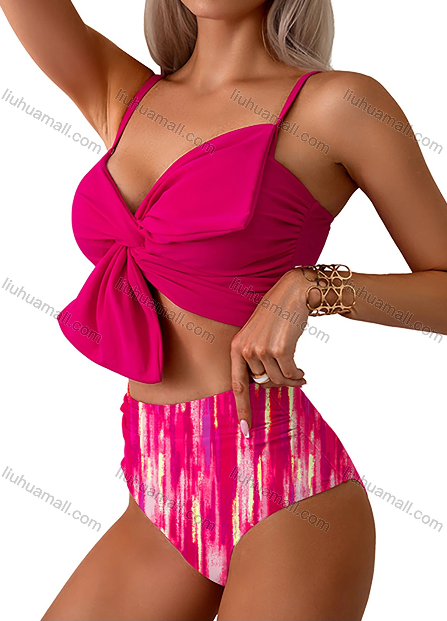 Wholesale Women's Vacation Colorful Leaf Print Twist Ruched Adjustable Spaghetti Strap Bikini Swimsuit - Liuhuamall