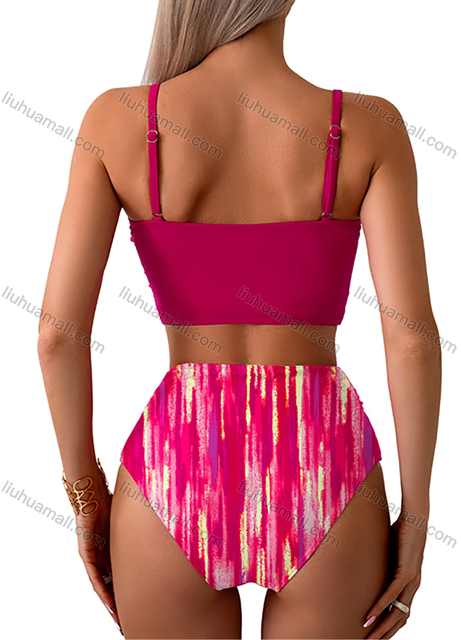 Wholesale Women's Vacation Colorful Leaf Print Twist Ruched Adjustable Spaghetti Strap Bikini Swimsuit - Liuhuamall