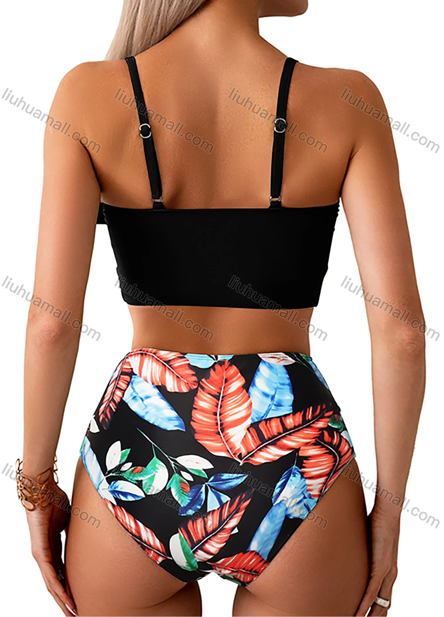 Wholesale Women's Vacation Colorful Leaf Print Twist Ruched Adjustable Spaghetti Strap Bikini Swimsuit - Liuhuamall