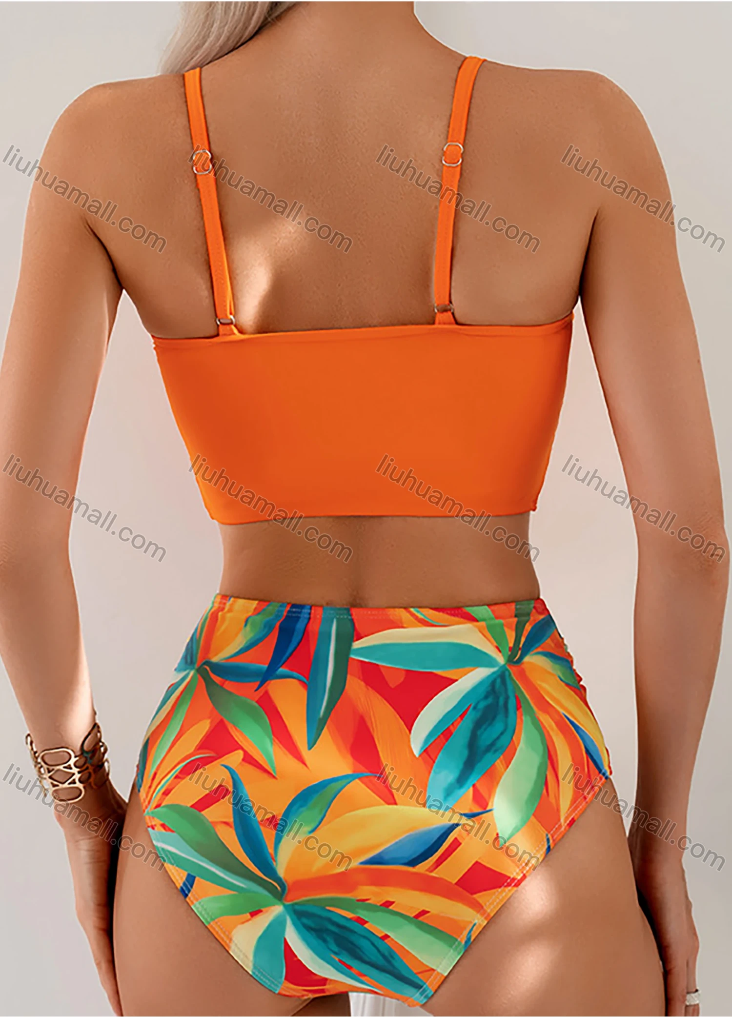 Wholesale Women's Vacation Colorful Leaf Print Twist Ruched Adjustable Spaghetti Strap Bikini Swimsuit - Liuhuamall