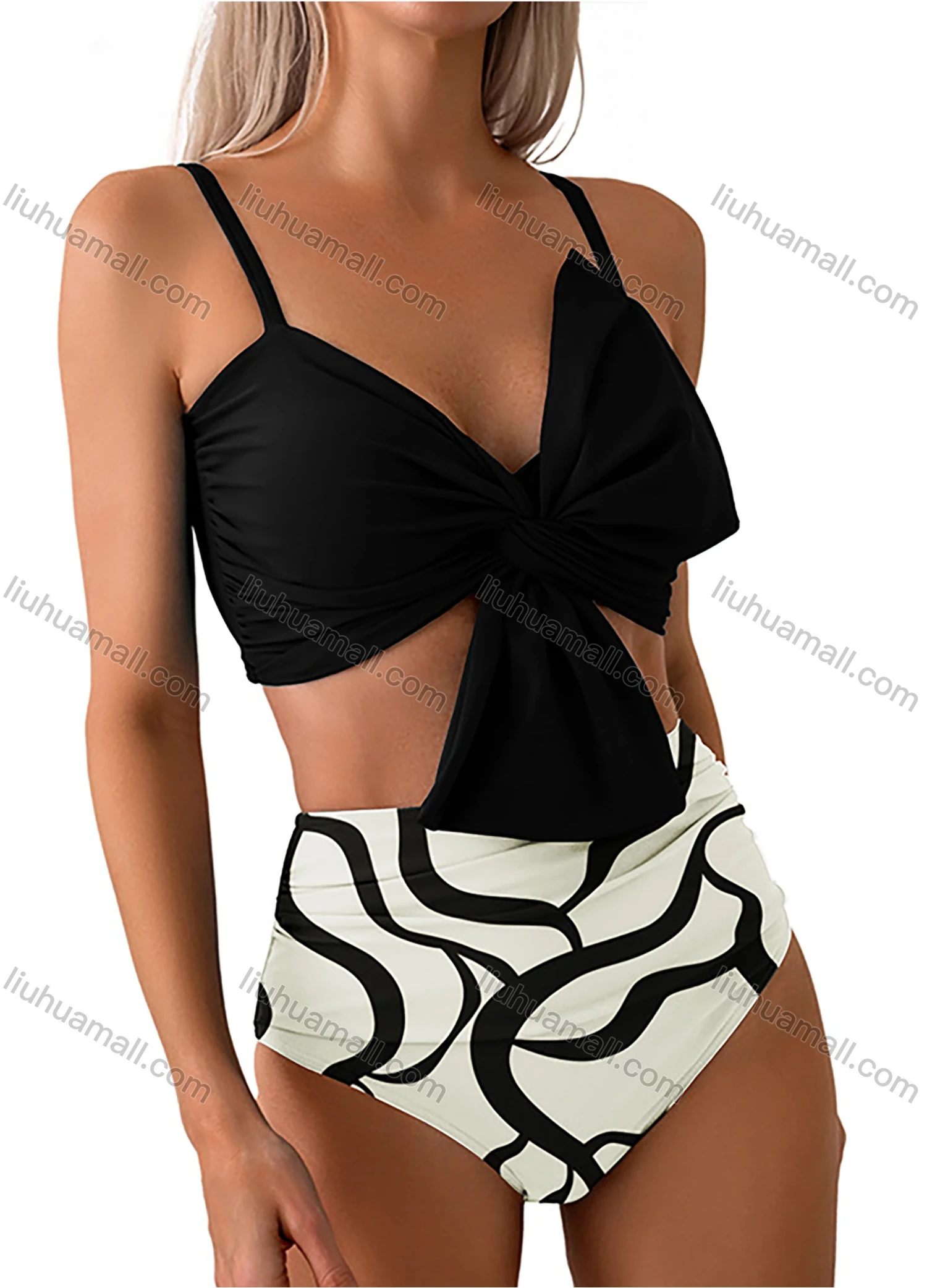 Wholesale Women's Vacation Colorful Leaf Print Twist Ruched Adjustable Spaghetti Strap Bikini Swimsuit - Liuhuamall