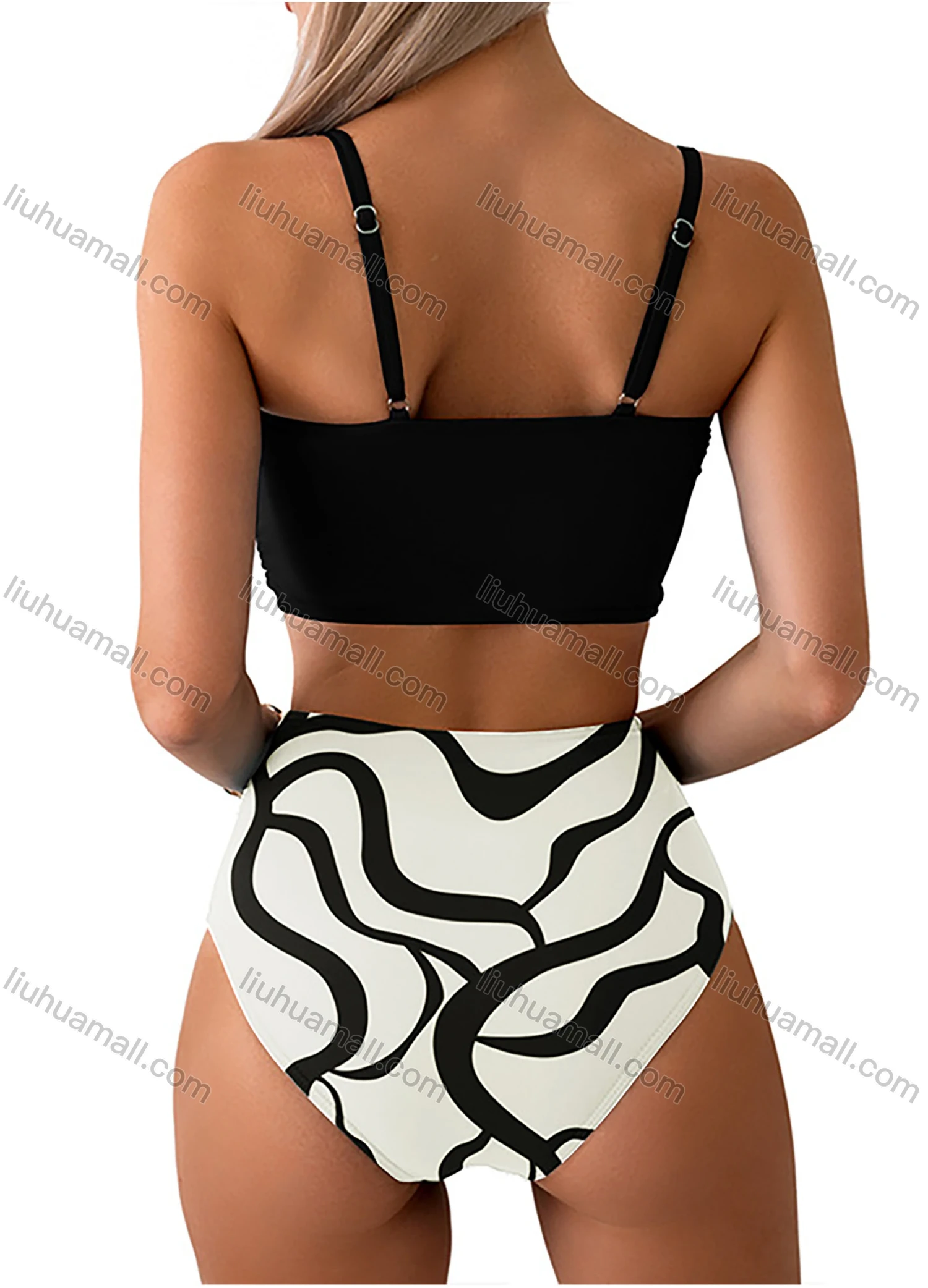 Wholesale Women's Vacation Colorful Leaf Print Twist Ruched Adjustable Spaghetti Strap Bikini Swimsuit - Liuhuamall