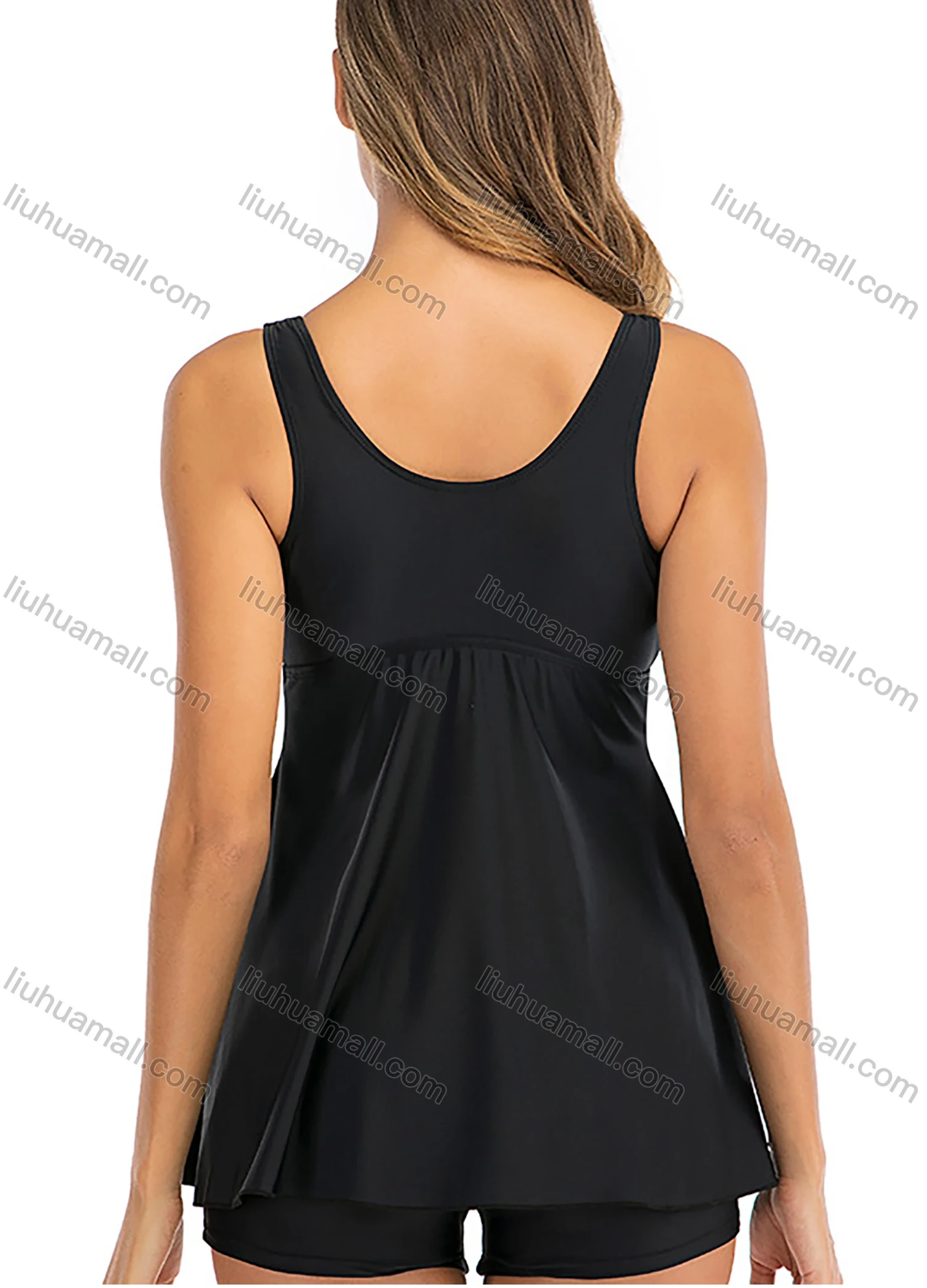 Wholesale Women's Elegant Plain Ruched Scoop Neck Metal Decor Tank Swimsuit 2 Piece Set - Liuhuamall