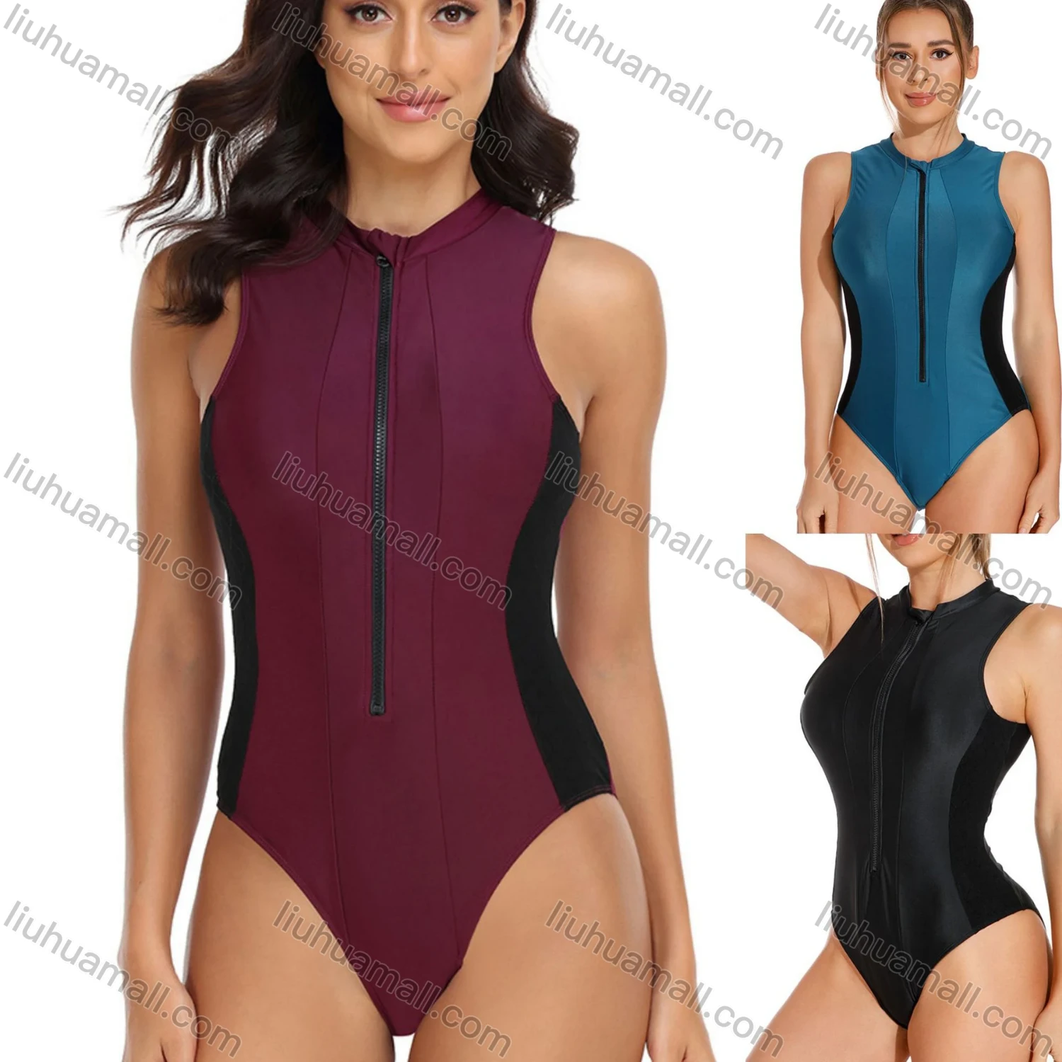 Wholesale Women's Sporty Colorblock Zip Front Sleeveless Surfing One Piece Swimsuit - Liuhuamall
