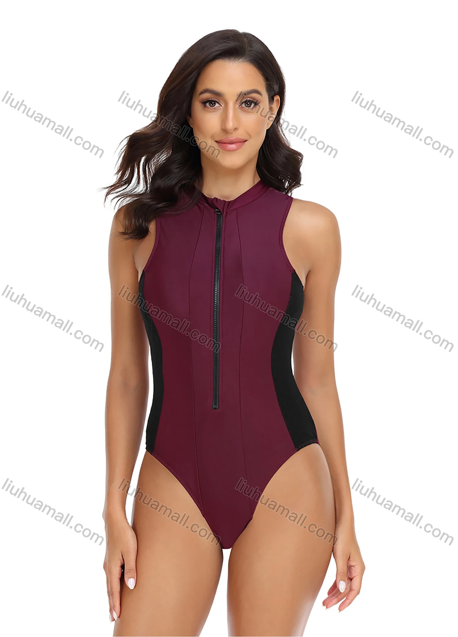 Wholesale Women's Sporty Colorblock Zip Front Sleeveless Surfing One Piece Swimsuit - Liuhuamall