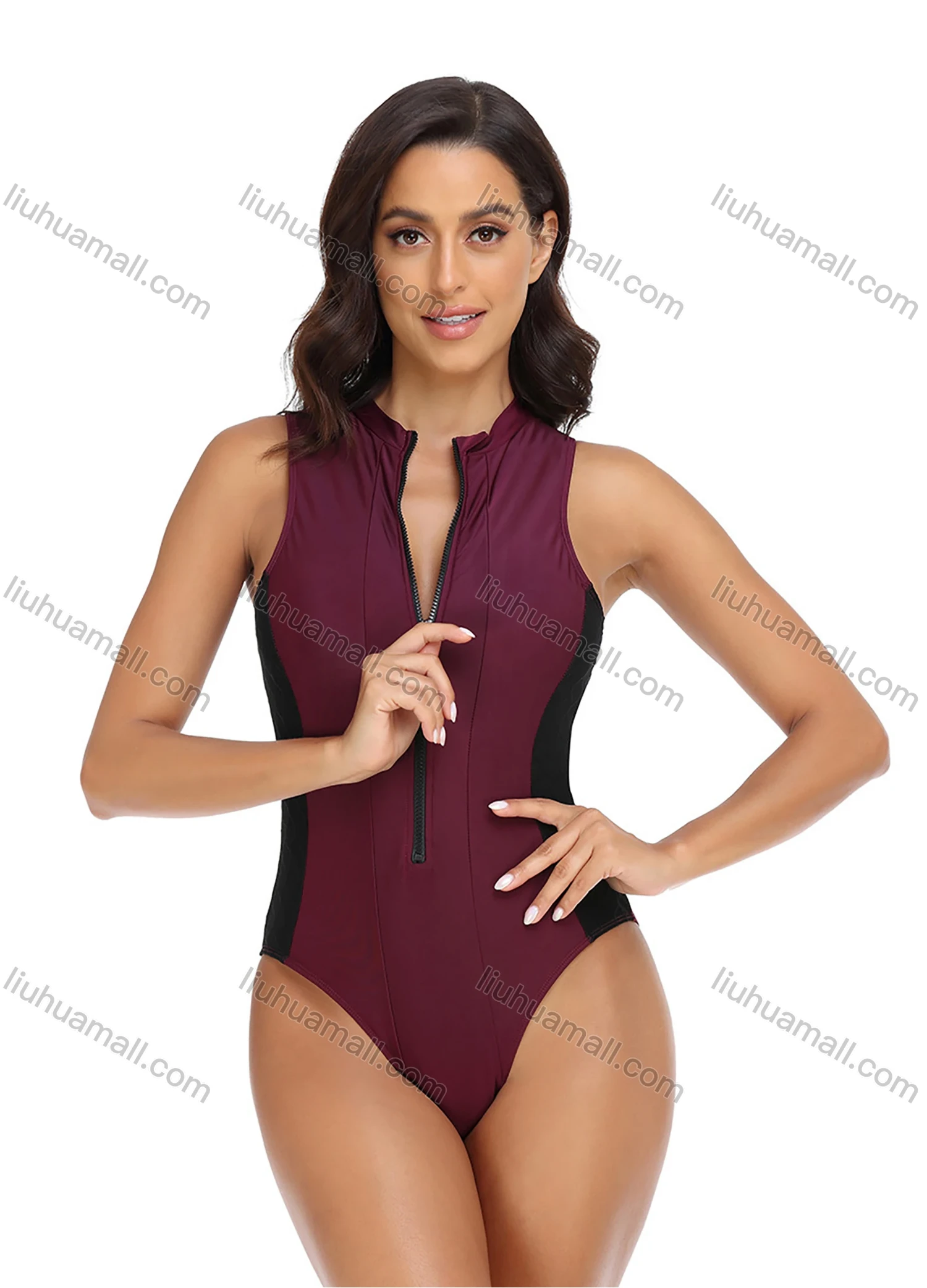 Wholesale Women's Sporty Colorblock Zip Front Sleeveless Surfing One Piece Swimsuit - Liuhuamall